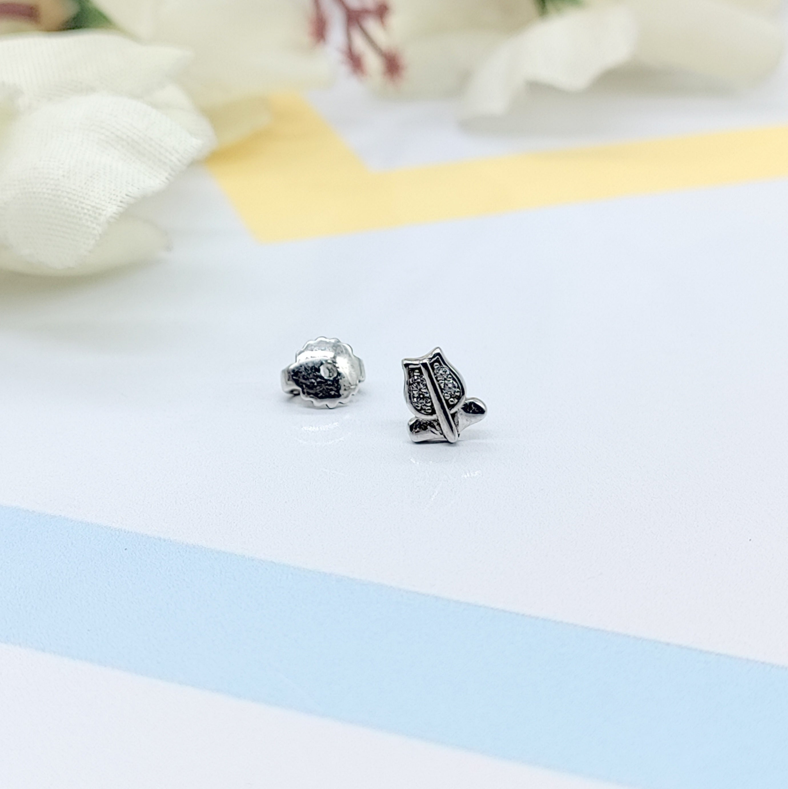 Sterling Silver 925 Pretty Lotus Flower Design Stud Earrings Every Day Wear CZ Diamonds Minimalist Handmade Gift Studs with Push back