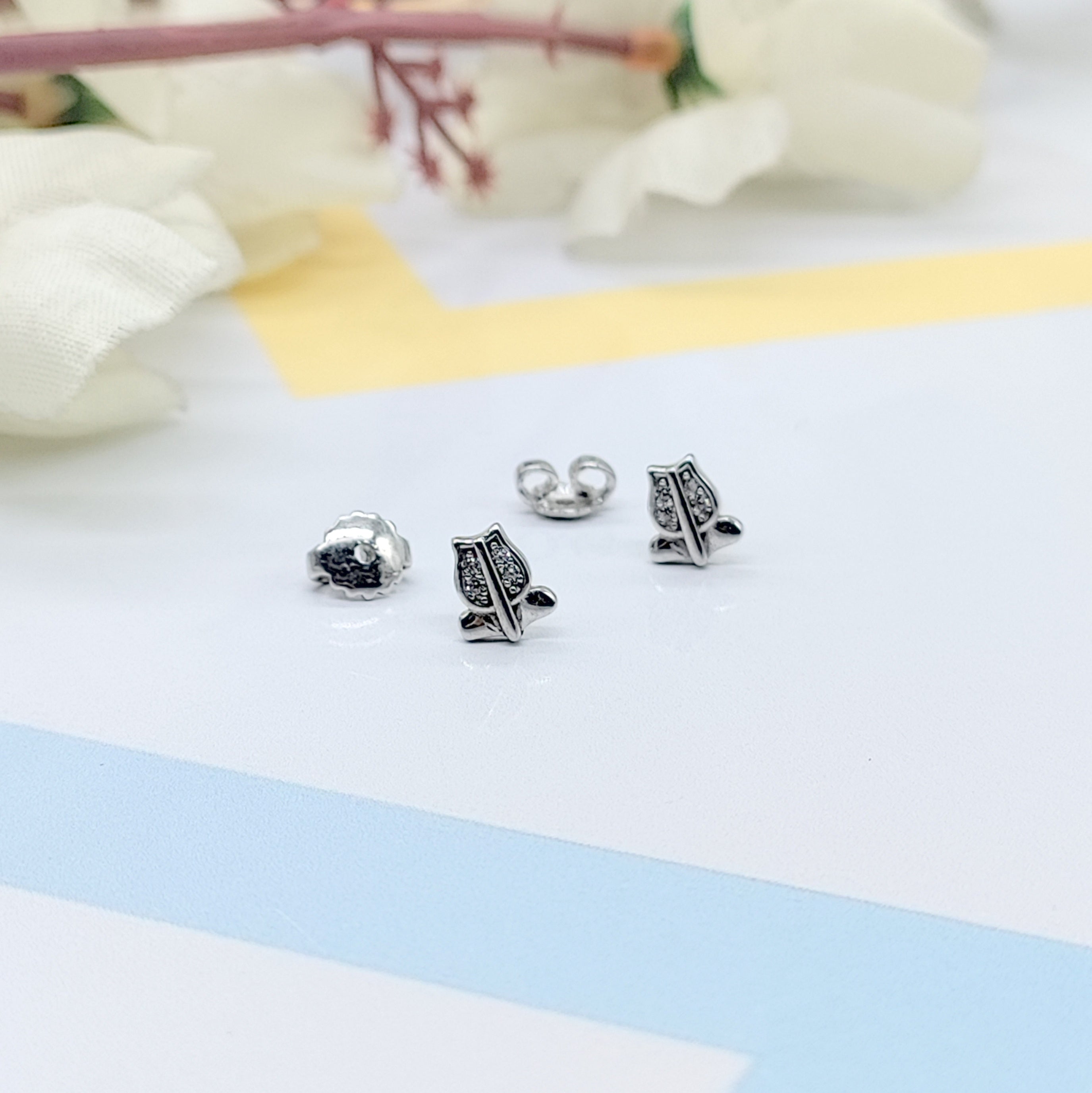 Sterling Silver 925 Pretty Lotus Flower Design Stud Earrings Every Day Wear CZ Diamonds Minimalist Handmade Gift Studs with Push back