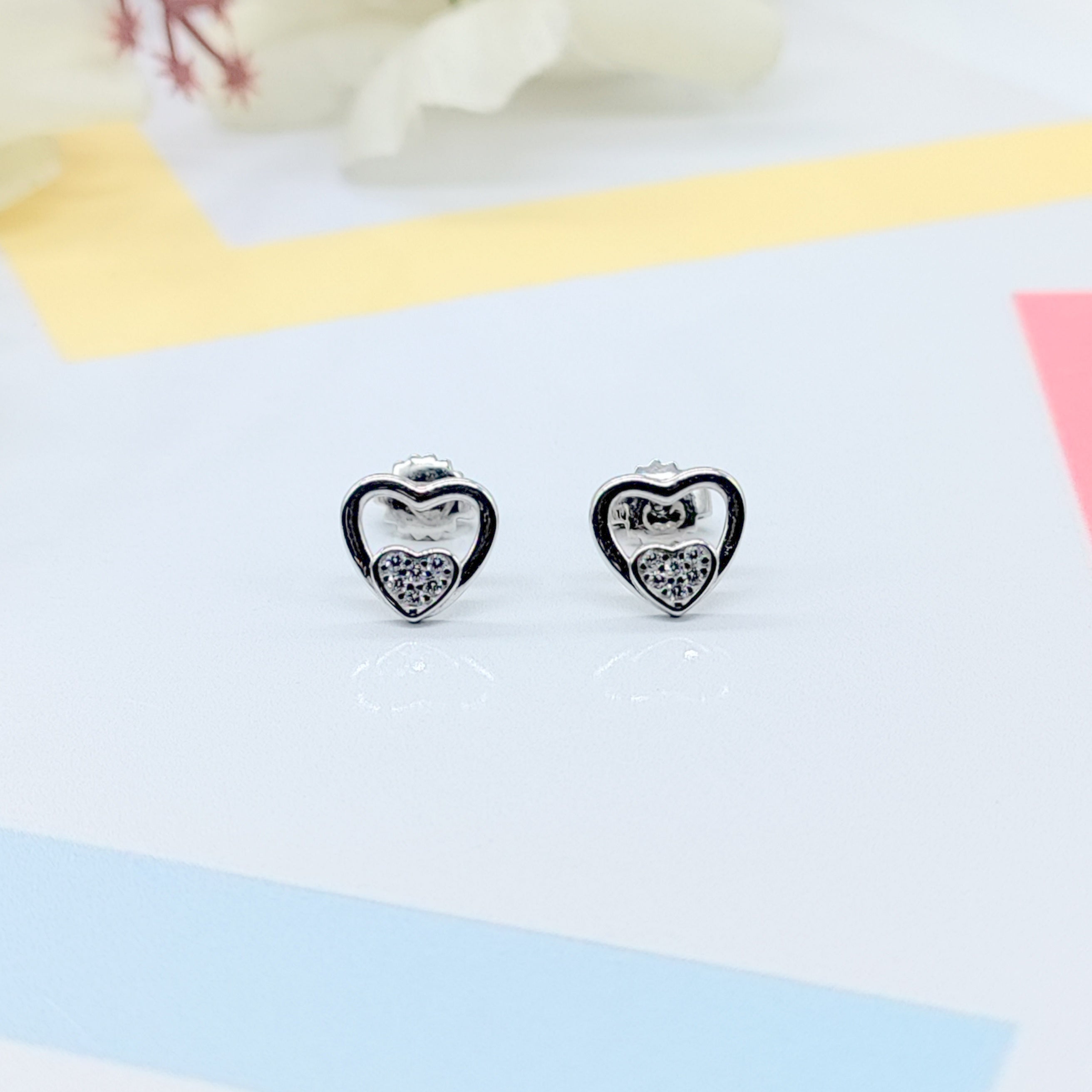 925 Sterling Silver Unique Dainty Tiny Heart Stud Earrings Cubic Zirconia Minimalist Handmade Cute Bridesmaid Gift Studs with Push back