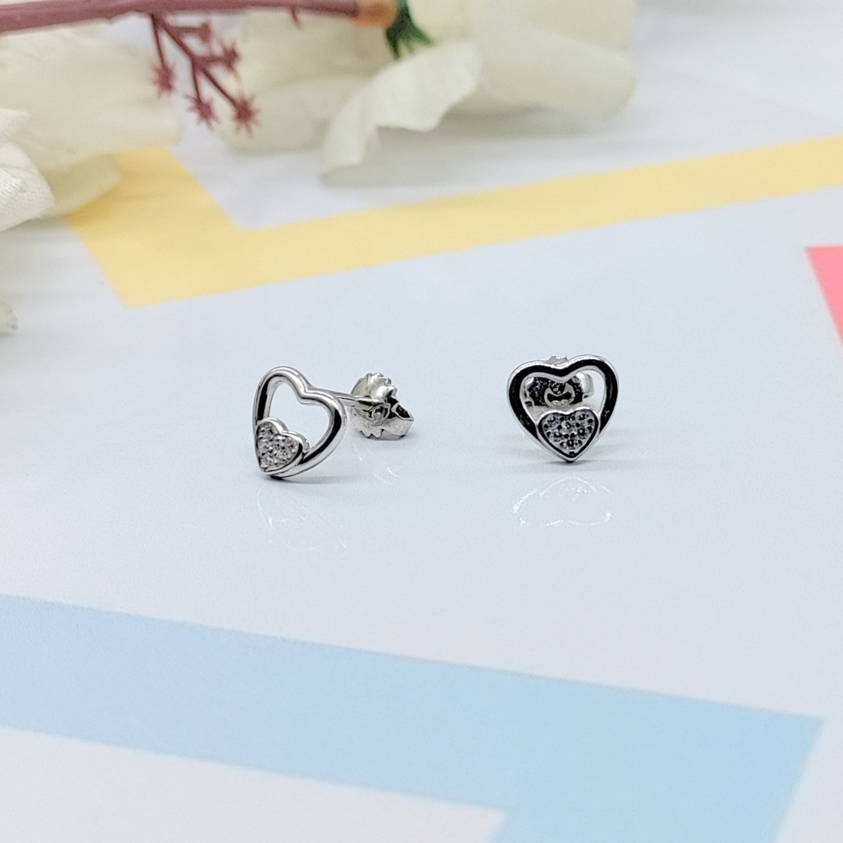 925 Sterling Silver Unique Dainty Tiny Heart Stud Earrings Cubic Zirconia Minimalist Handmade Cute Bridesmaid Gift Studs with Push back