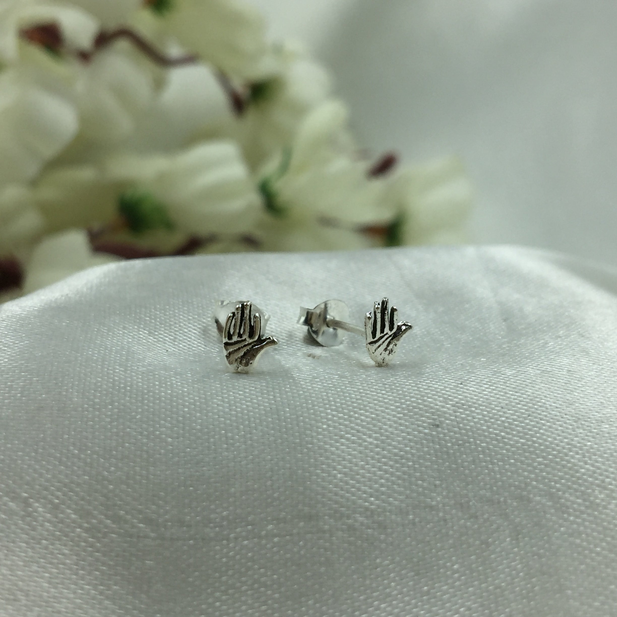 925 Sterling silver Tiny Mini Palm Hand Stud Earrings Unique Dainty Victorian Style Jewelry Minimalist Handmade Gift Studs with Pushback