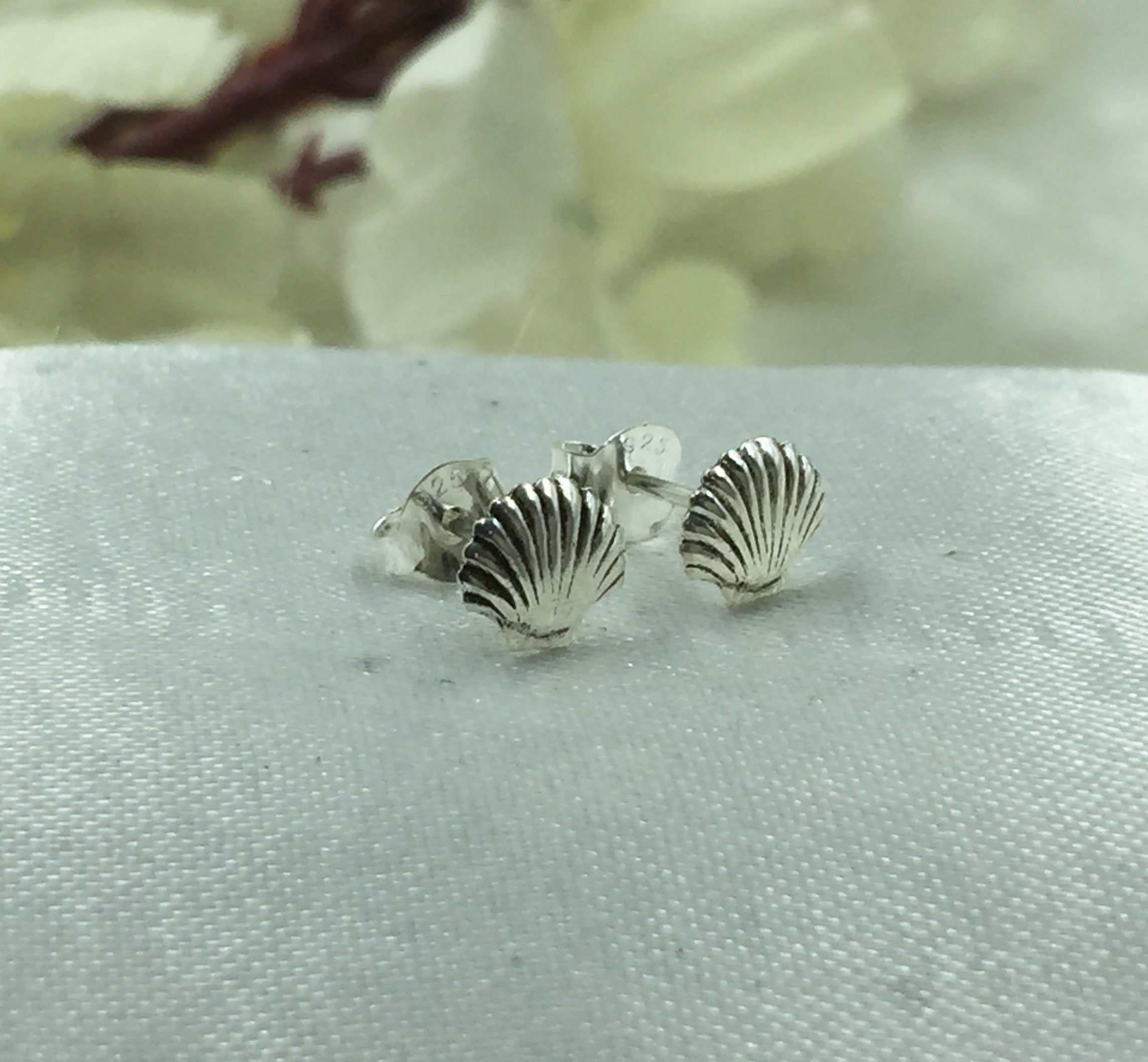 925 Sterling silver Pearl Shell Stud Earrings Dainty Sea Scallop Studs Cornish Shell Earrings Minimalist Handmade Gift Studs with Pushback