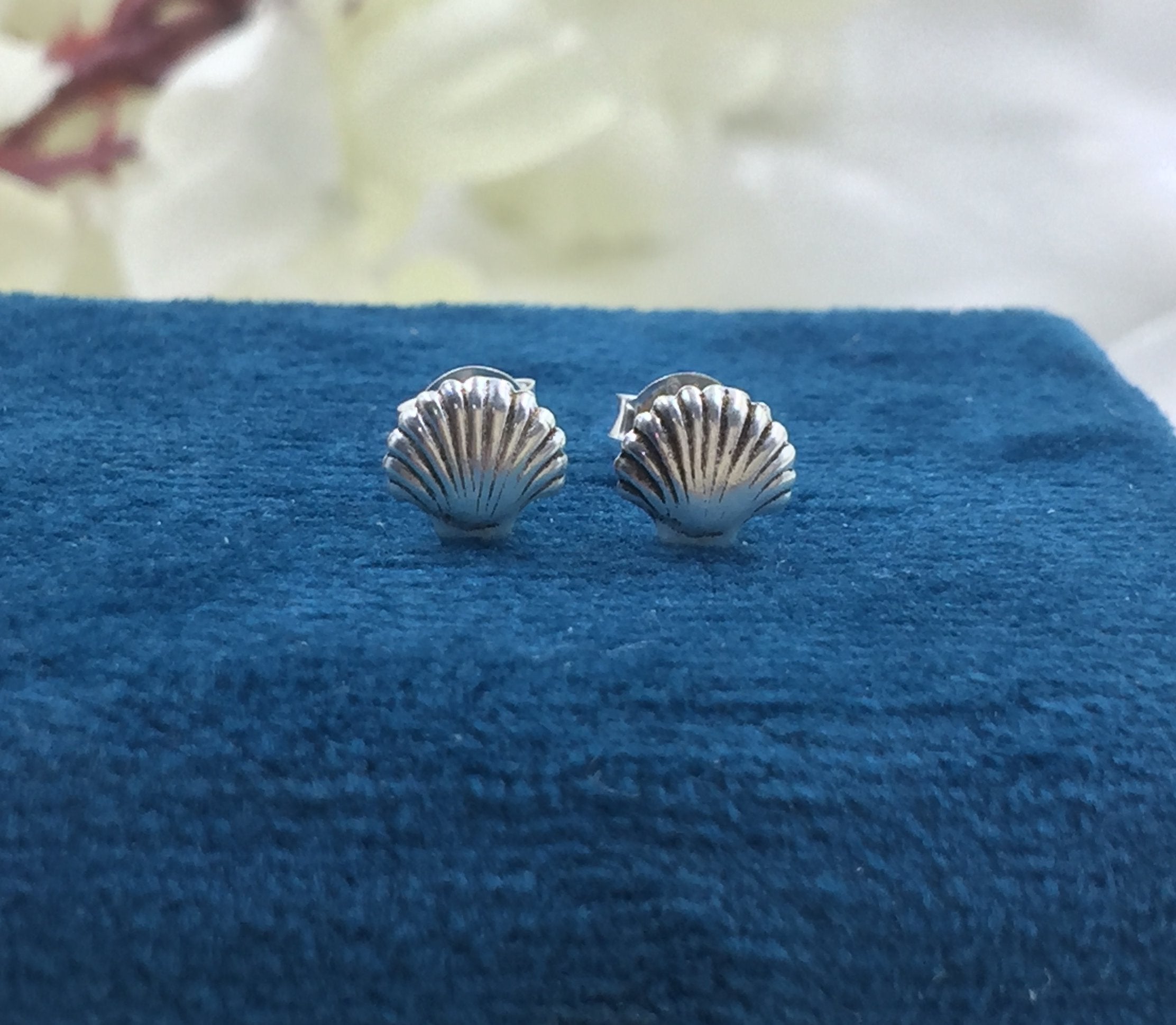 925 Sterling silver Pearl Shell Stud Earrings Dainty Sea Scallop Studs Cornish Shell Earrings Minimalist Handmade Gift Studs with Pushback