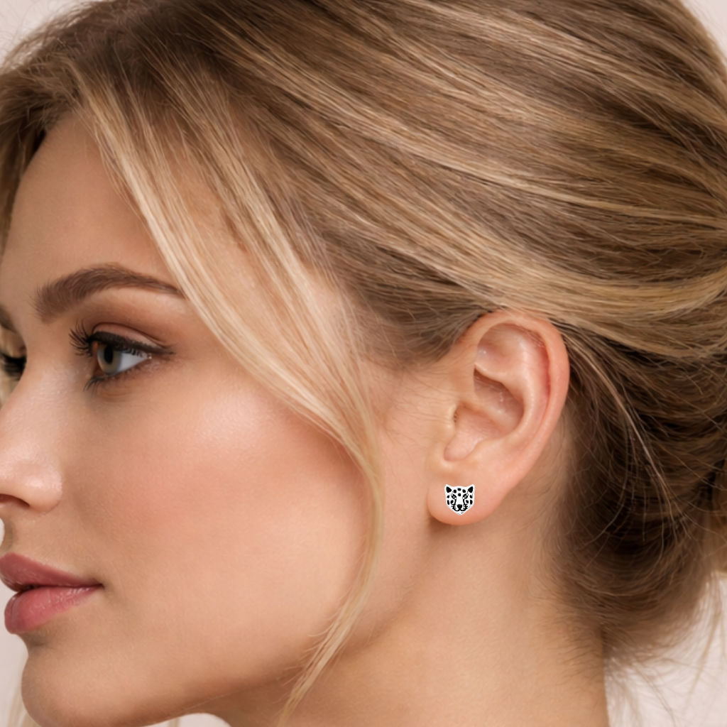 925 Sterling Silver Leopard Stud Earrings Black Enamel Animal Jewelry