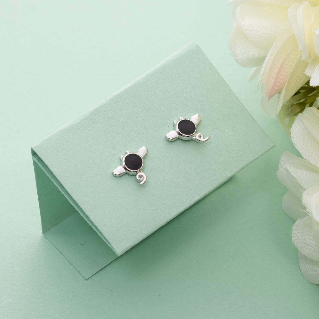 925 Sterling Silver Angel Stud Earrings Black Enamel Jewelry