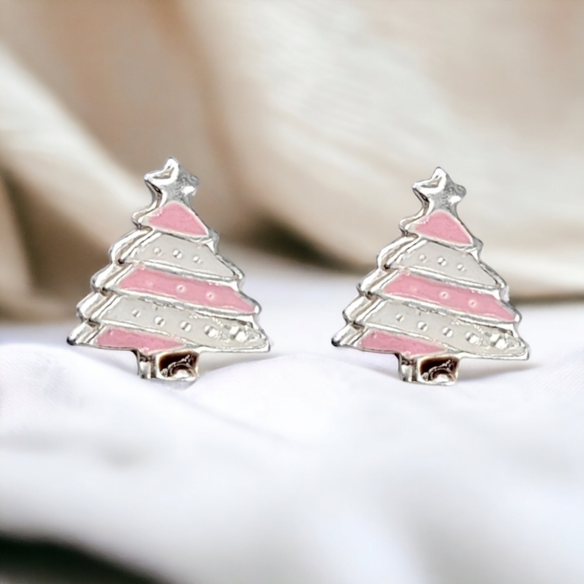 925 Sterling Silver Cute Tree Ear Studs Enamel Cartilage Ear Studs Earrings Handmade Gift - 8x6 mm