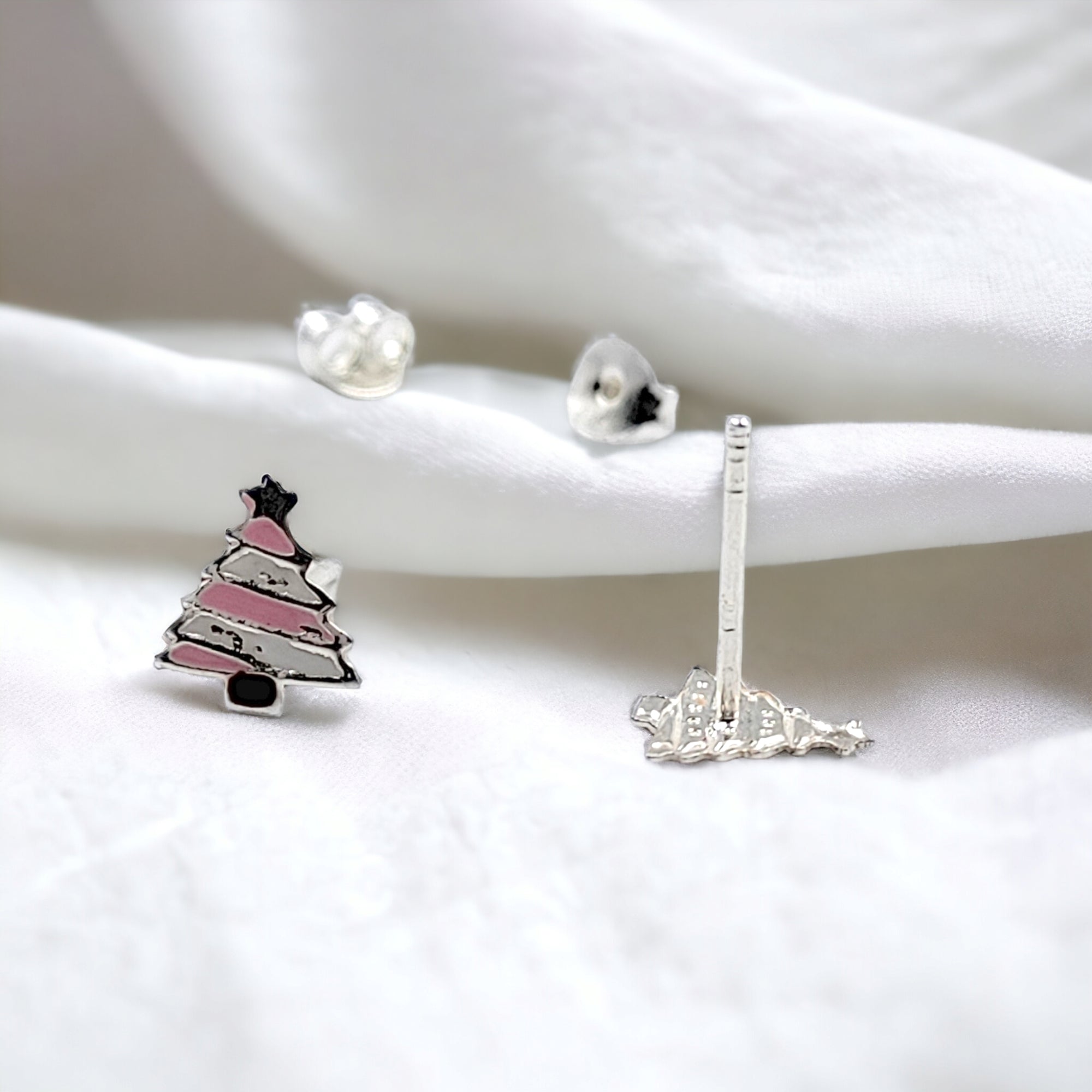 925 Sterling Silver Cute Tree Ear Studs Enamel Cartilage Ear Studs Earrings Handmade Gift - 8x6 mm