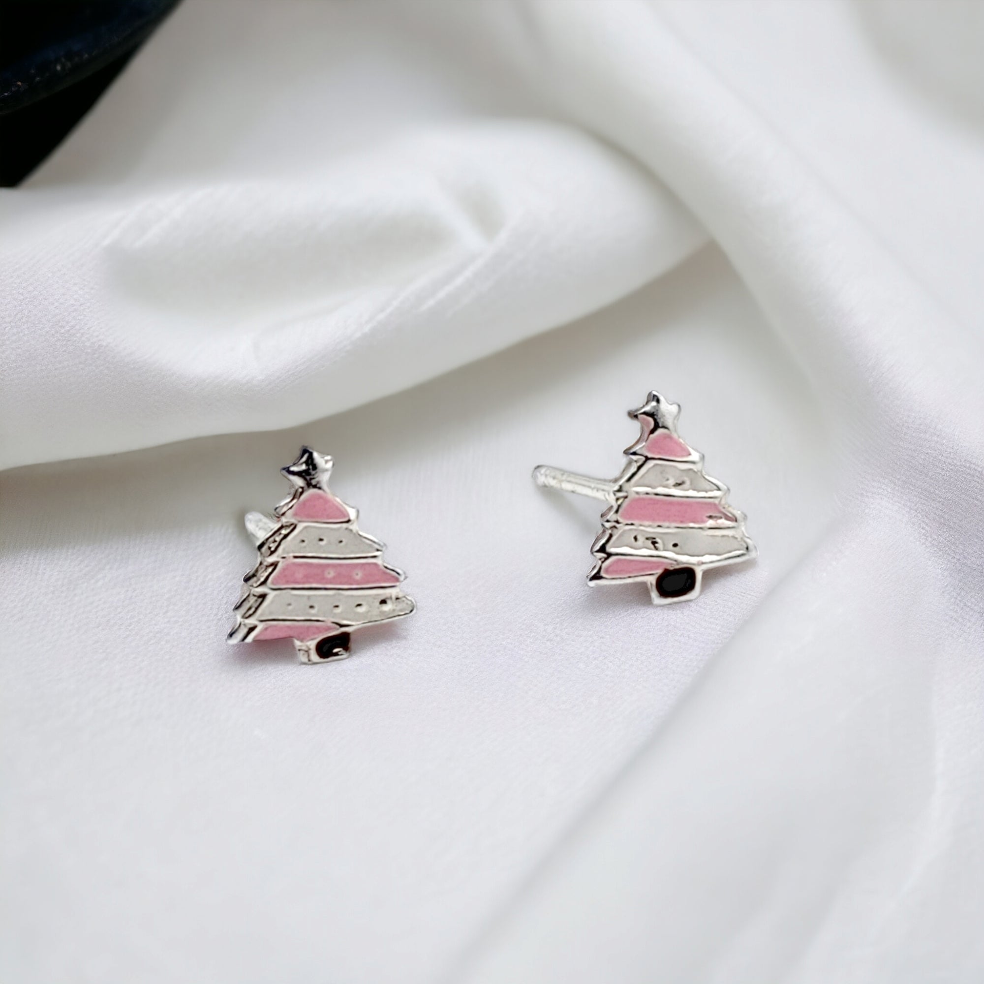925 Sterling Silver Cute Tree Ear Studs Enamel Cartilage Ear Studs Earrings Handmade Gift - 8x6 mm