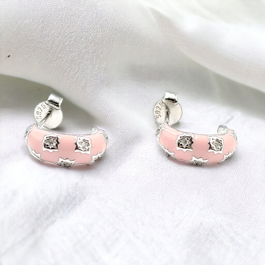 Thick Enamel Hoops Celestial Star CZ Chunky Bold Hoop Mini Art Deco Earrings 13x4 mm