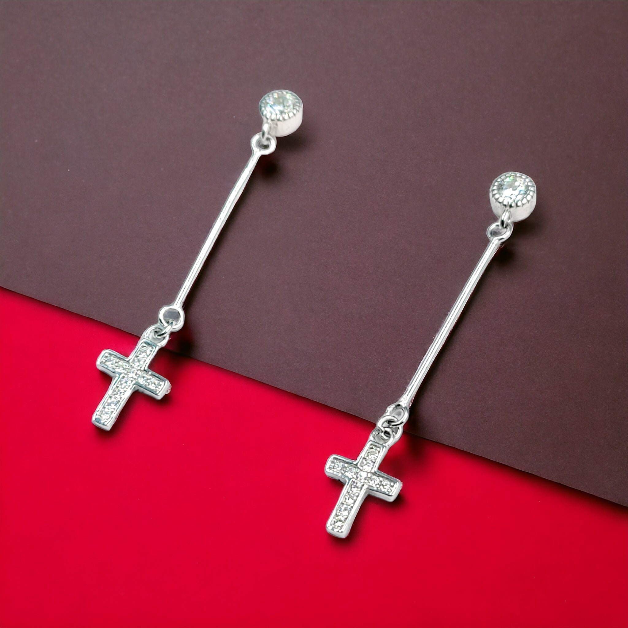 925 Sterling Silver Cross Earrings With CZ Stones Cubic Zirconia Art Minimalist Handmade Gift