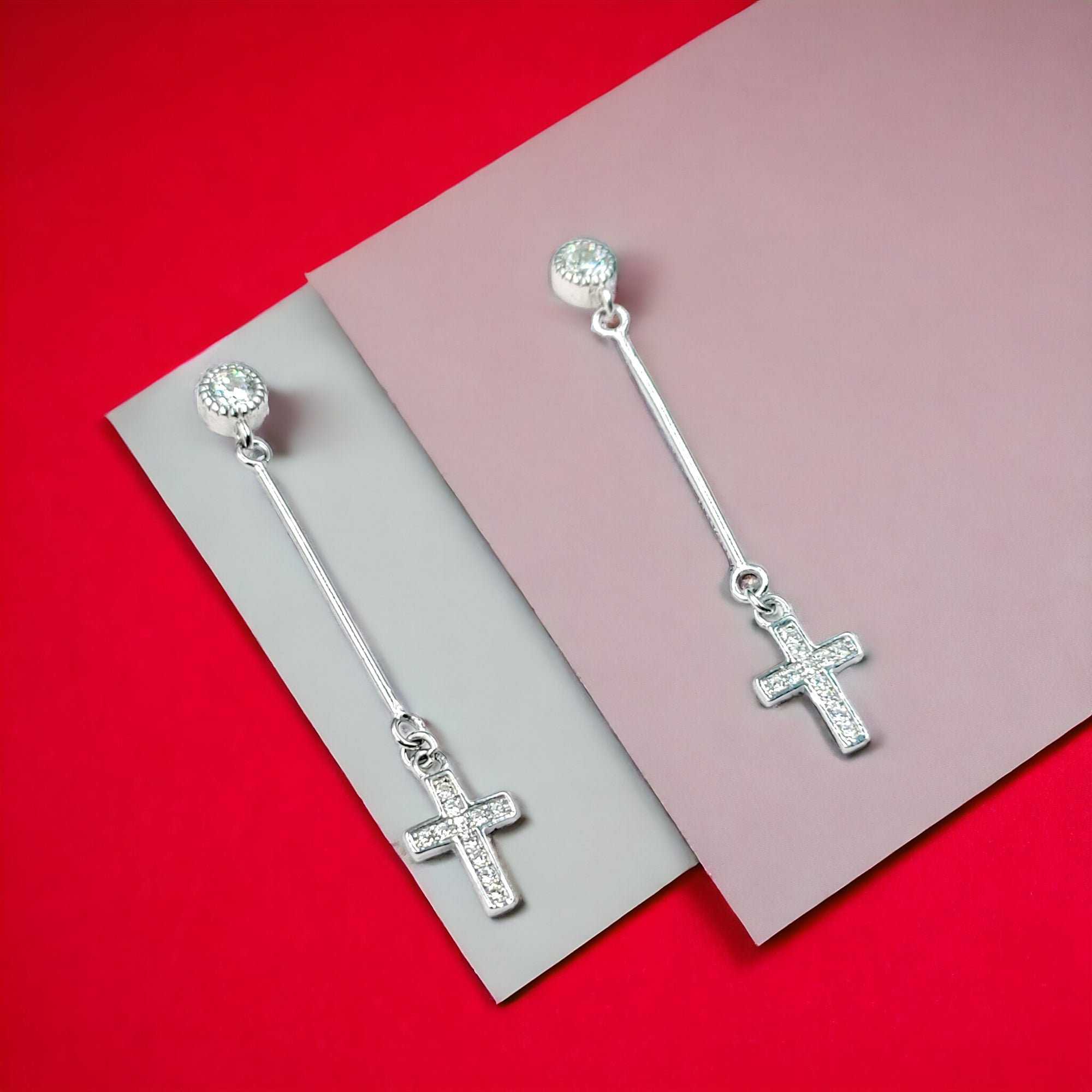 925 Sterling Silver Cross Earrings With CZ Stones Cubic Zirconia Art Minimalist Handmade Gift