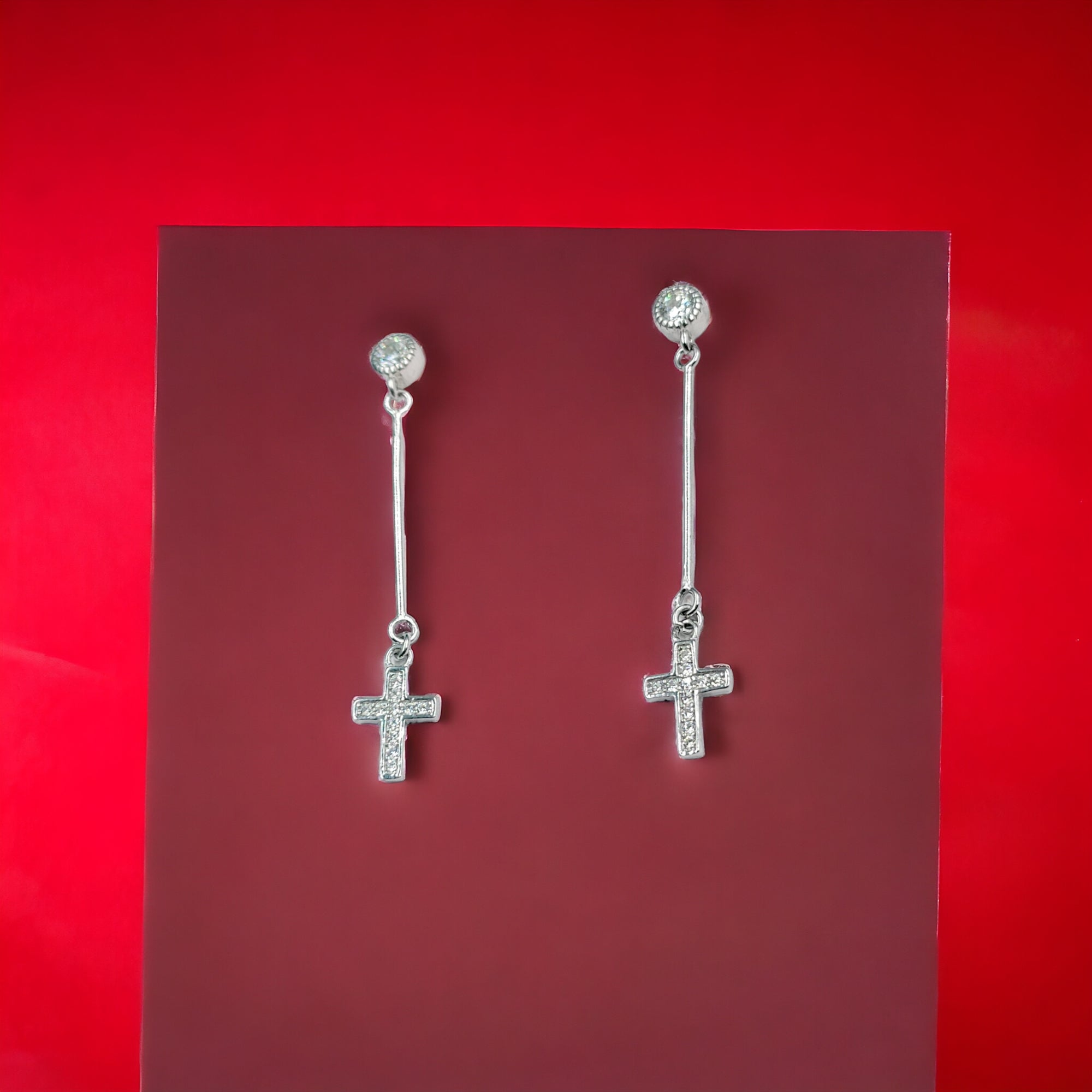 925 Sterling Silver Cross Earrings With CZ Stones Cubic Zirconia Art Minimalist Handmade Gift