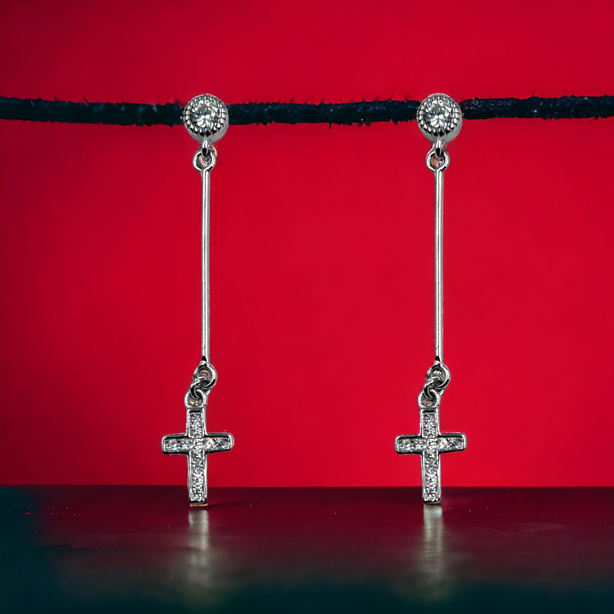 925 Sterling Silver Cross Earrings With CZ Stones Cubic Zirconia Art Minimalist Handmade Gift