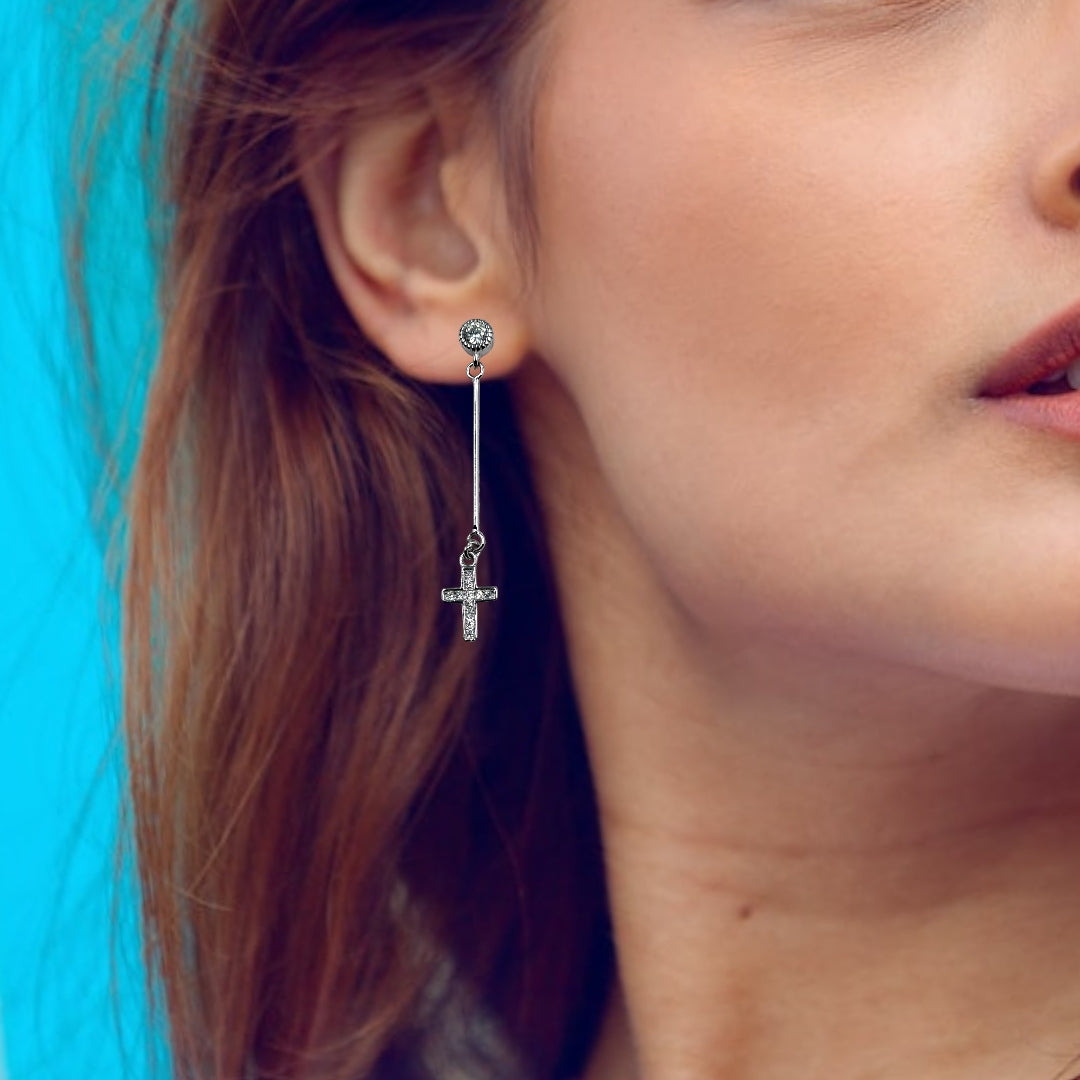 925 Sterling Silver Cross Earrings With CZ Stones Cubic Zirconia Art Minimalist Handmade Gift
