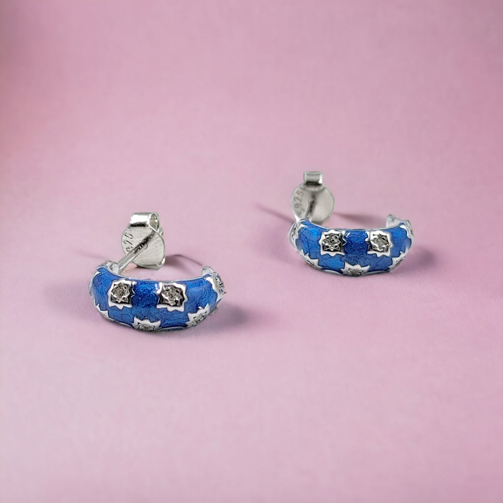 Thick Enamel Hoops Celestial Star CZ Chunky Bold Hoop Mini Art Deco Earrings 13x4 mm