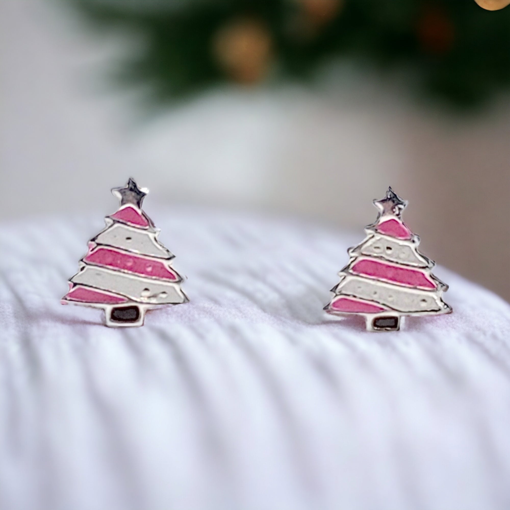 925 Sterling Silver Cute Tree Ear Studs Enamel Cartilage Ear Studs Earrings Handmade Gift - 8x6 mm