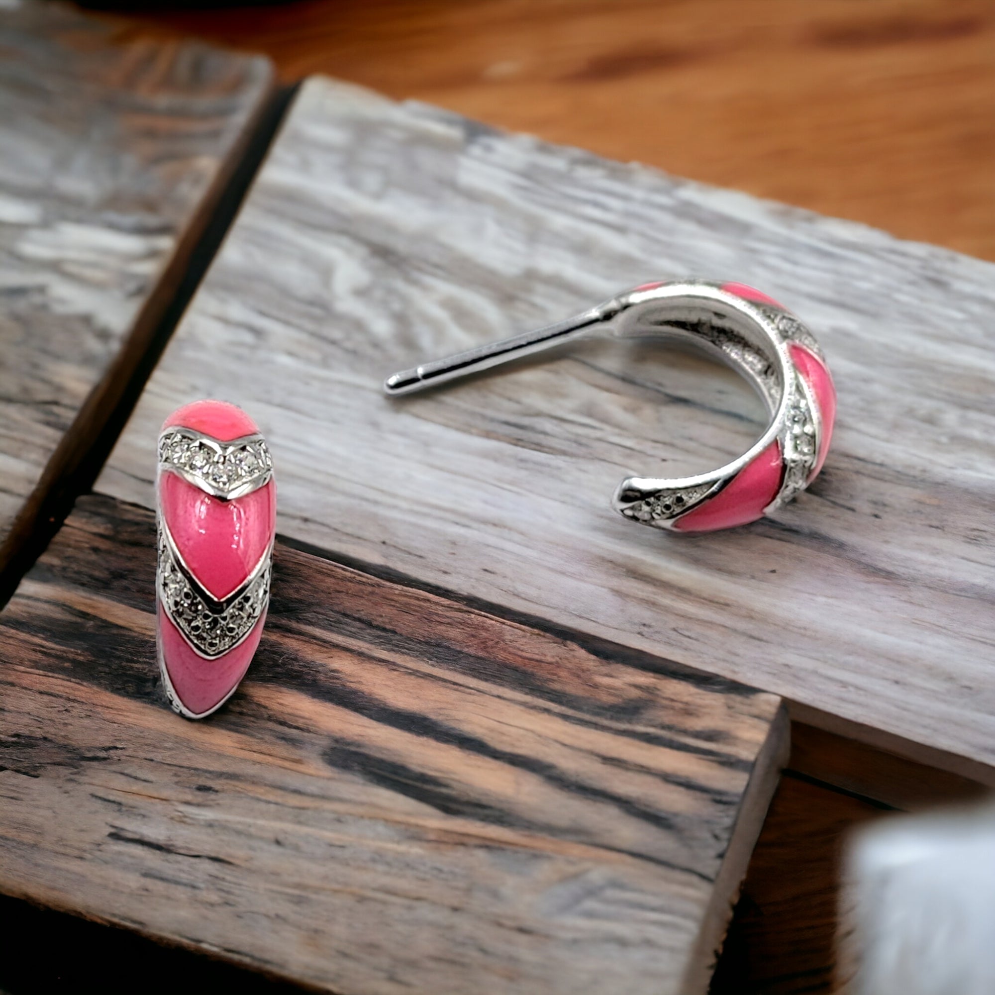 Quirky Enamel Hoops Strips CZ Chunky Bold Hoop Mini Art Deco Earrings 13x4 mm