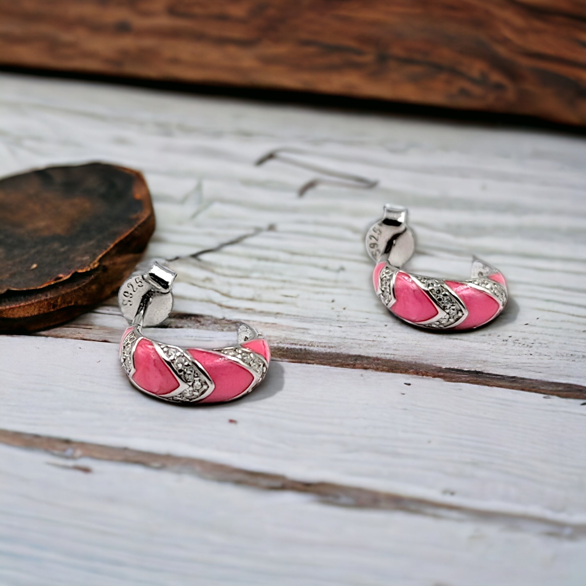 Quirky Enamel Hoops Strips CZ Chunky Bold Hoop Mini Art Deco Earrings 13x4 mm