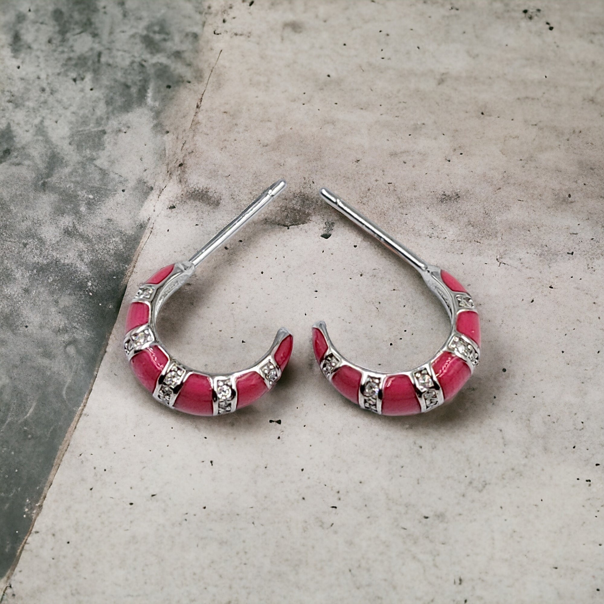 Quirky Enamel Hoops Strips CZ Chunky Bold Hoop Earrings Minimalist Handmade Gift For Women-13x4 mm