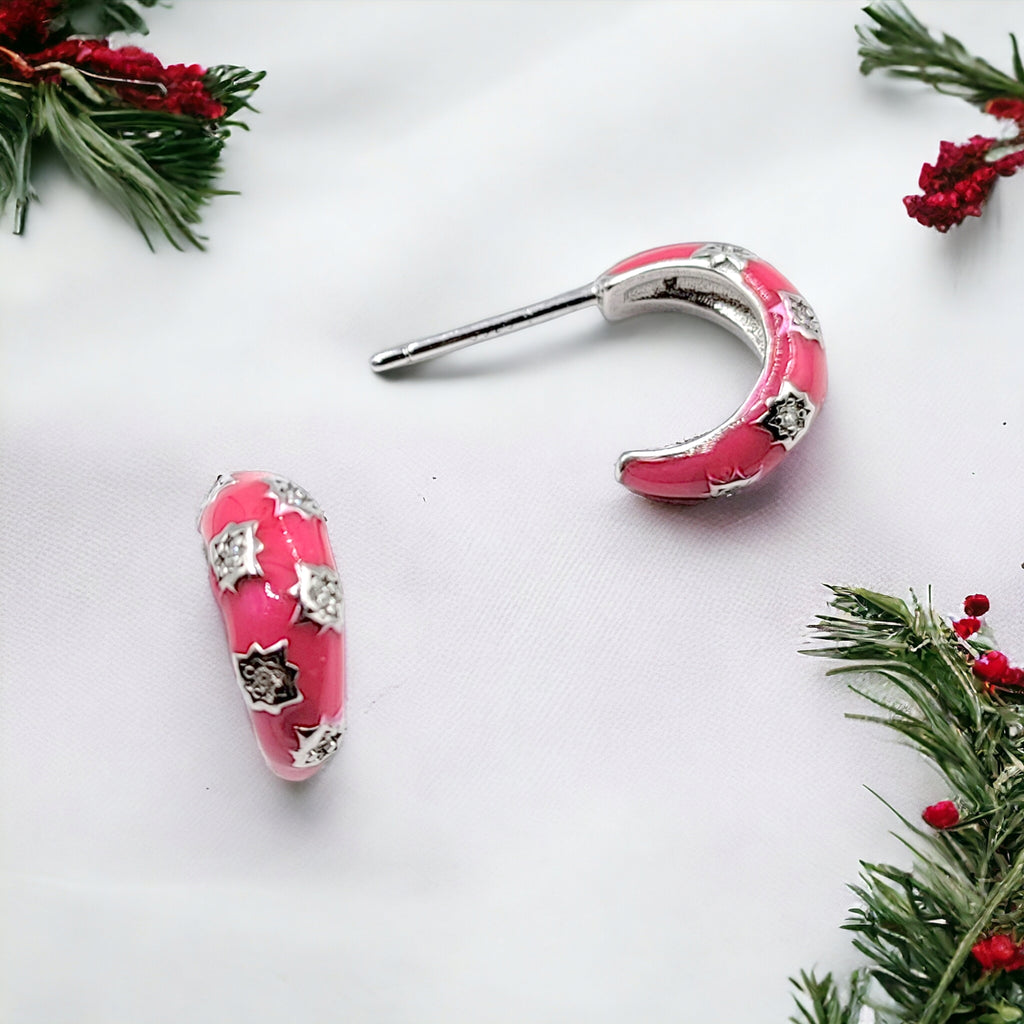 Thick Enamel Hoops Celestial Star CZ Chunky Bold Hoop Mini Art Deco Earrings 13x4 mm