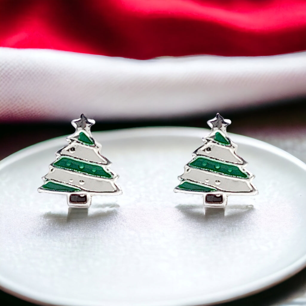 925 Sterling Silver Cute Tree Ear Studs Enamel Cartilage Ear Studs Earrings Handmade Gift - 8x6 mm
