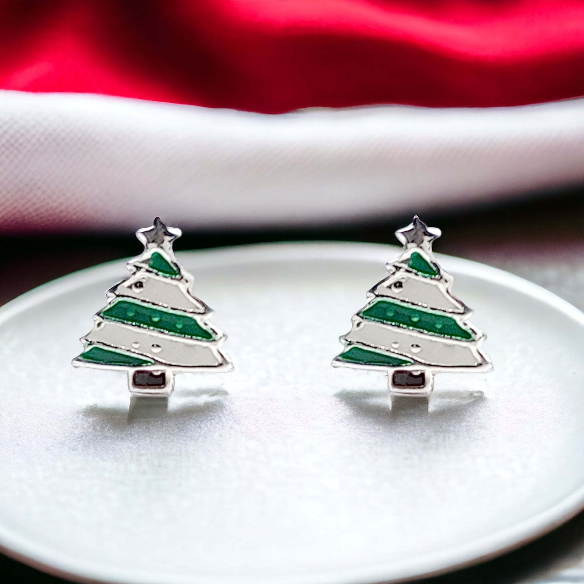 925 Sterling Silver Cute Tree Ear Studs Enamel Cartilage Ear Studs Earrings Handmade Gift - 8x6 mm