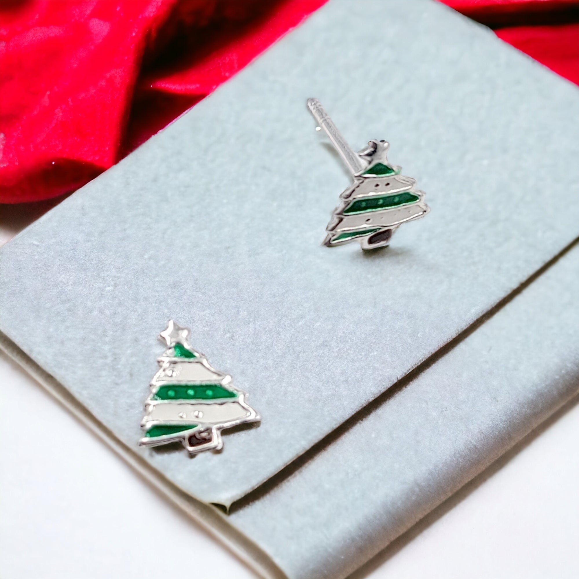925 Sterling Silver Cute Tree Ear Studs Enamel Cartilage Ear Studs Earrings Handmade Gift - 8x6 mm