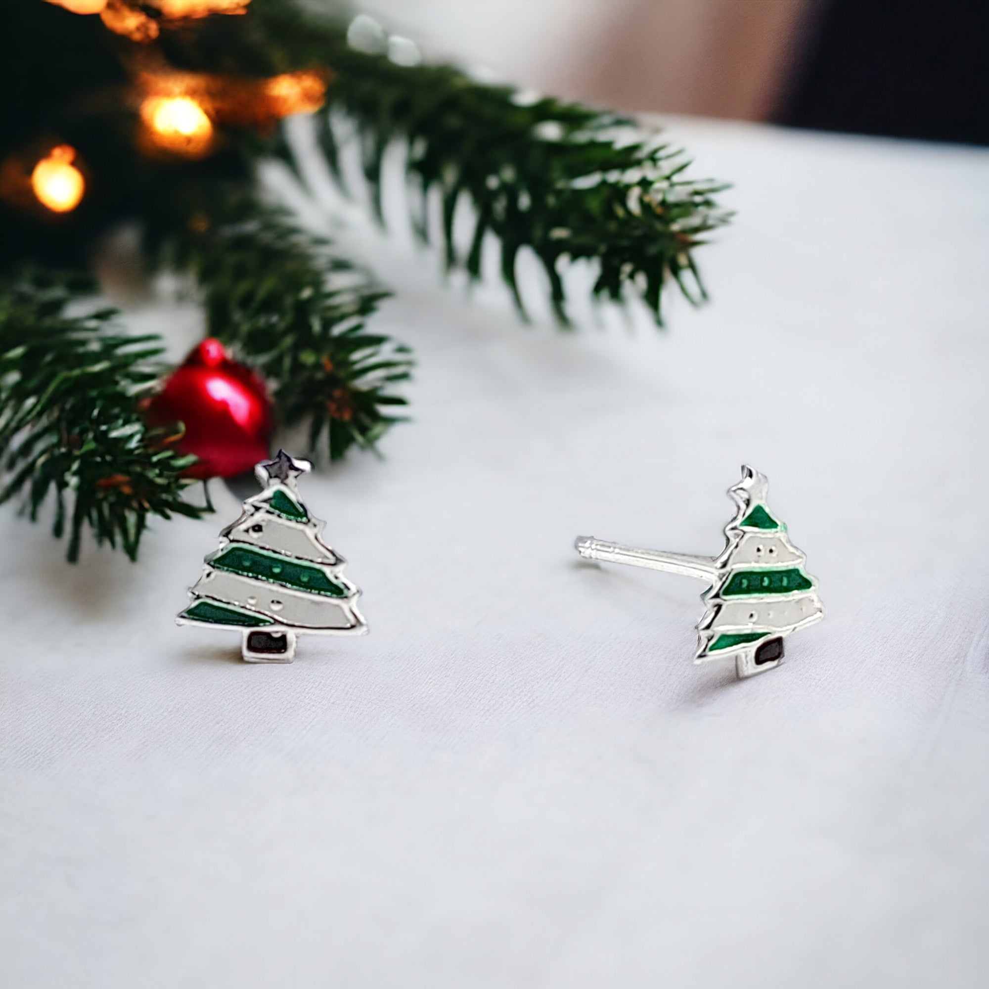 925 Sterling Silver Cute Tree Ear Studs Enamel Cartilage Ear Studs Earrings Handmade Gift - 8x6 mm