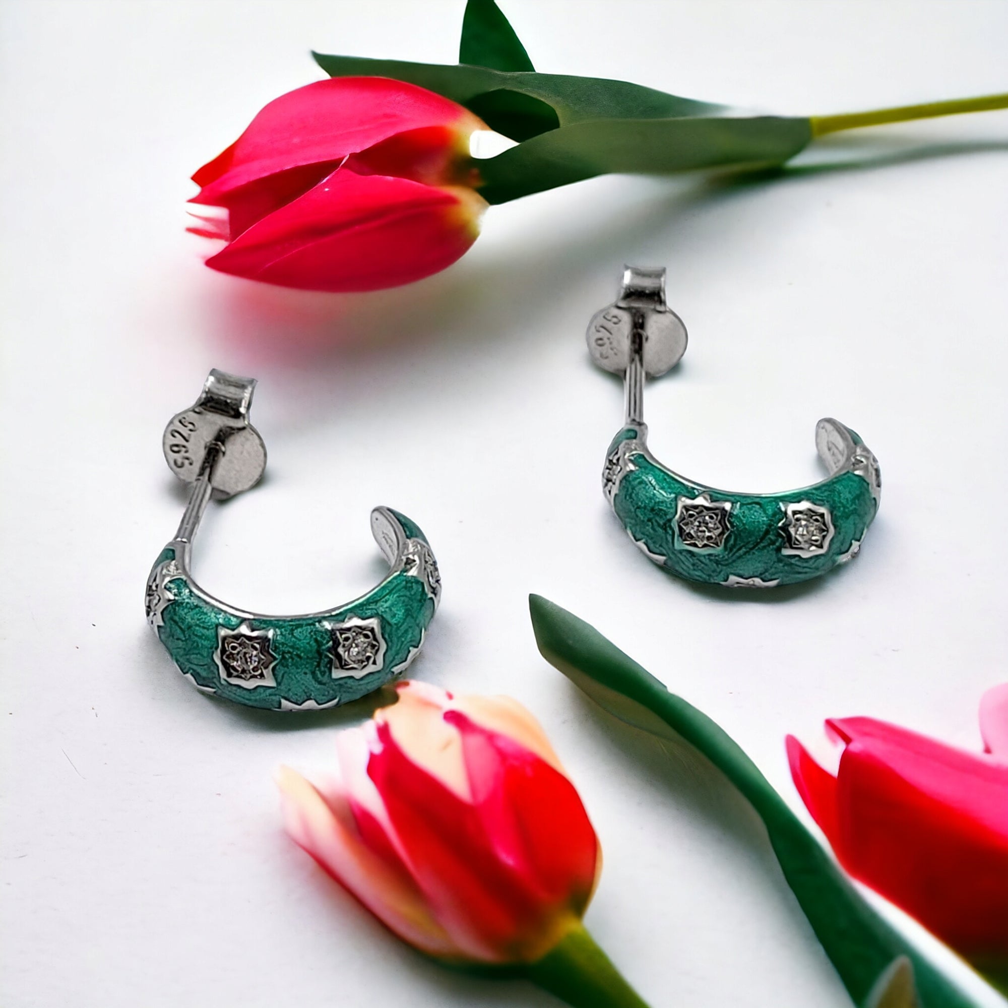 Thick Enamel Hoops Celestial Star CZ Chunky Bold Hoop Mini Art Deco Earrings 13x4 mm