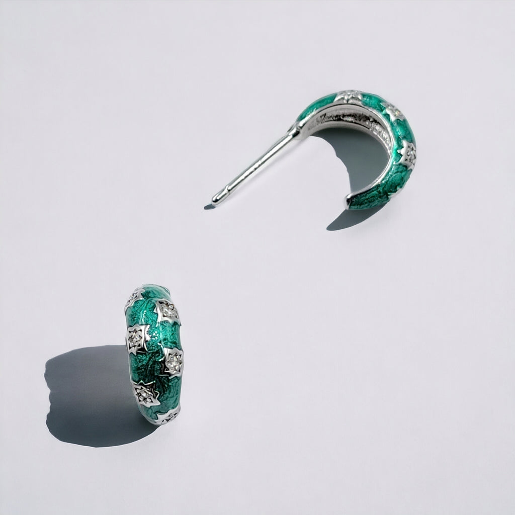 Thick Enamel Hoops Celestial Star CZ Chunky Bold Hoop Mini Art Deco Earrings 13x4 mm