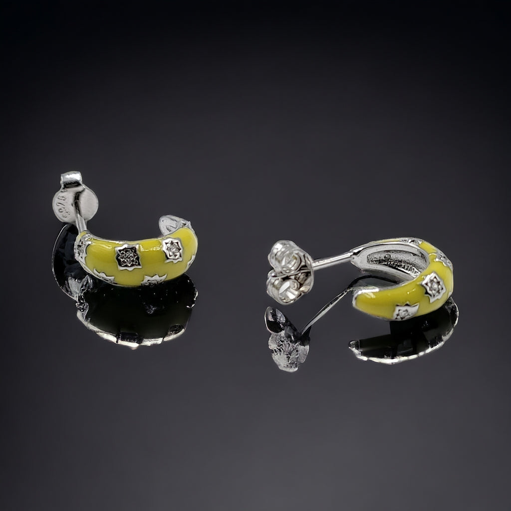 Thick Enamel Hoops Celestial Star CZ Chunky Bold Hoop Mini Art Deco Earrings 13x4 mm