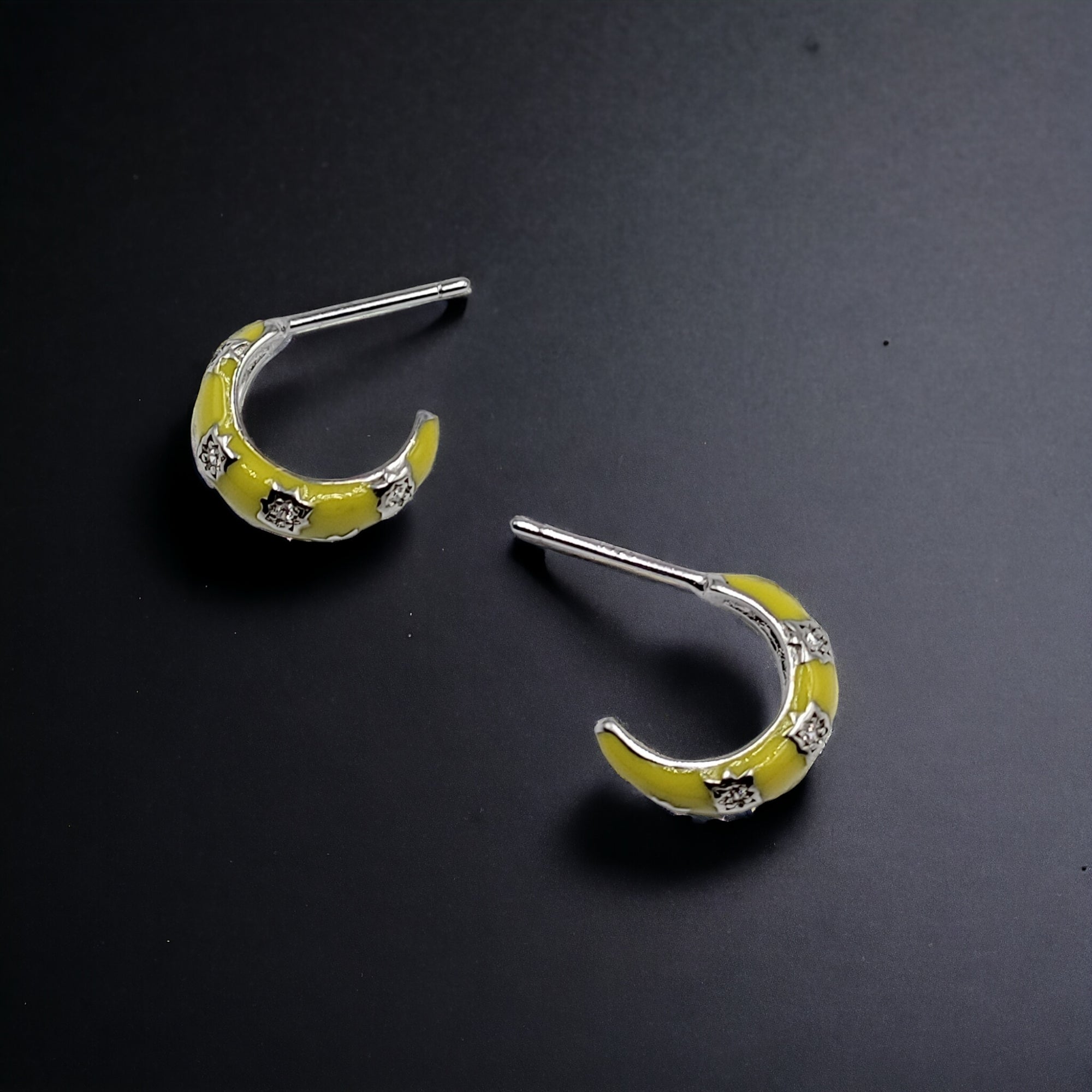 Thick Enamel Hoops Celestial Star CZ Chunky Bold Hoop Mini Art Deco Earrings 13x4 mm