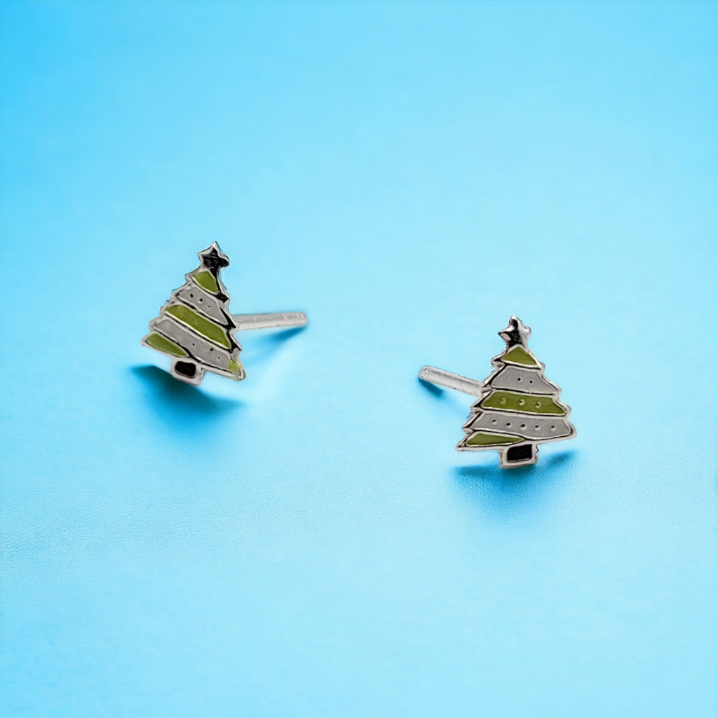 925 Sterling Silver Cute Tree Ear Studs Enamel Cartilage Ear Studs Earrings Handmade Gift - 8x6 mm