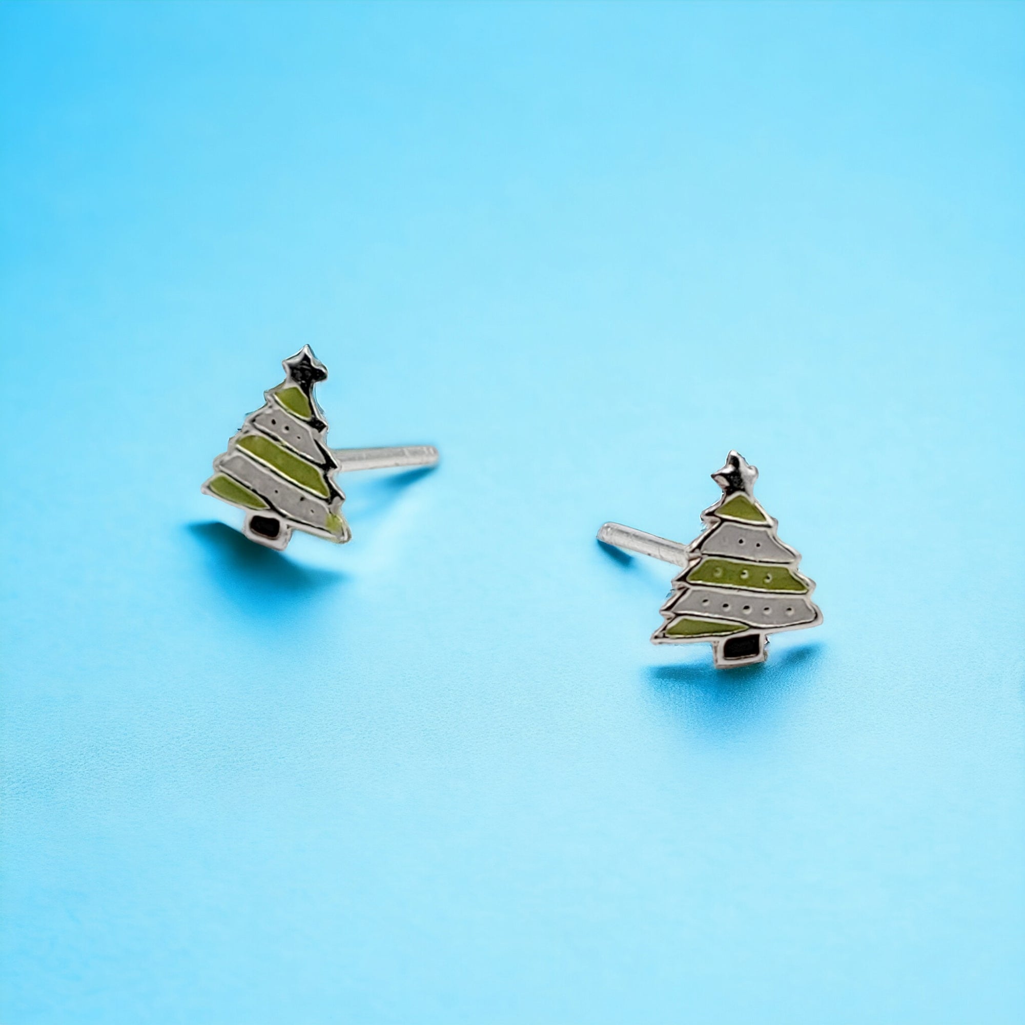 925 Sterling Silver Cute Tree Ear Studs Enamel Cartilage Ear Studs Earrings Handmade Gift - 8x6 mm