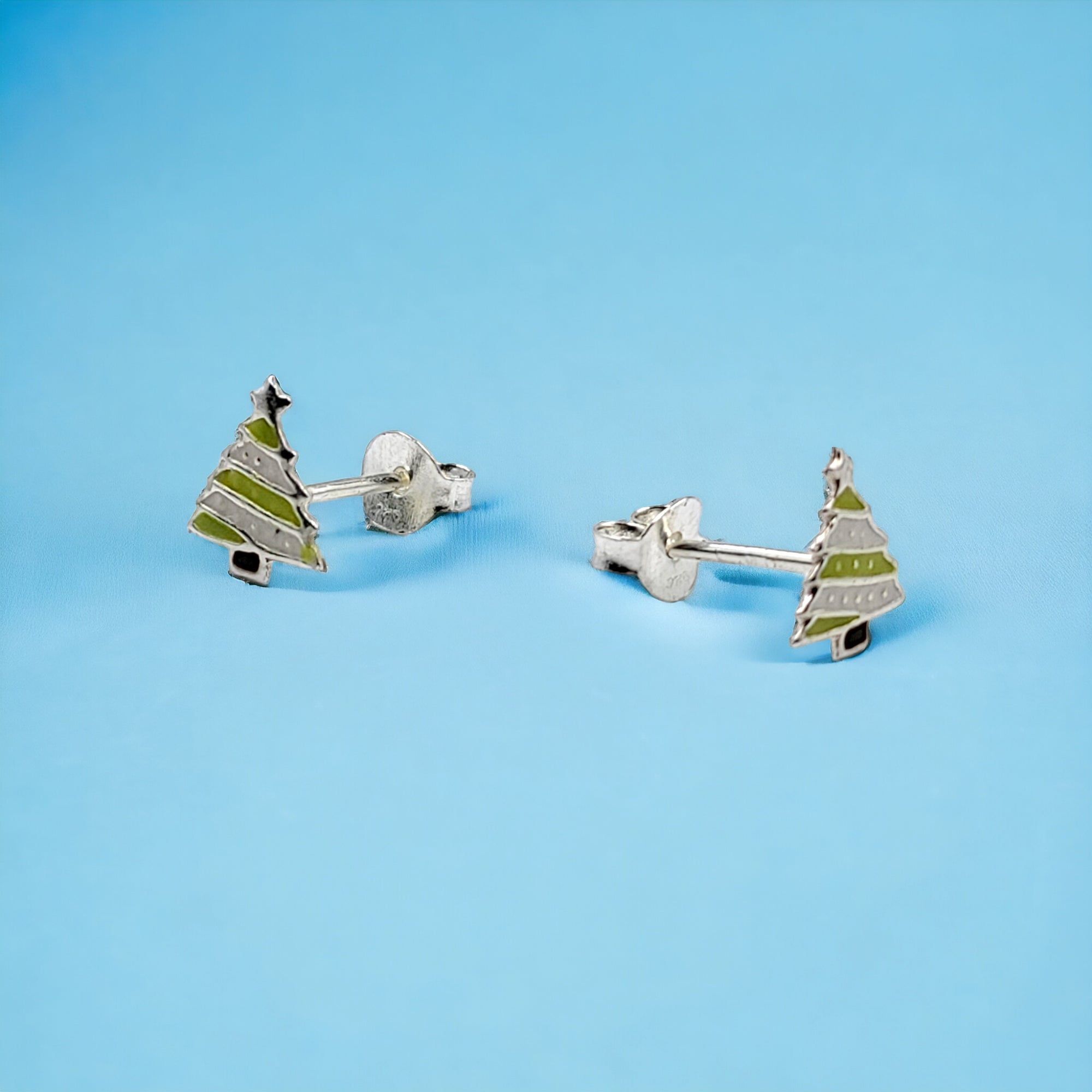 925 Sterling Silver Cute Tree Ear Studs Enamel Cartilage Ear Studs Earrings Handmade Gift - 8x6 mm