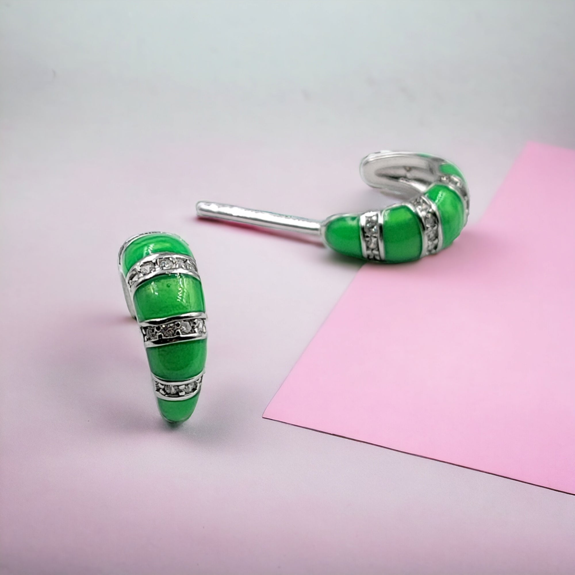 Quirky Enamel Hoops Strips CZ Chunky Bold Hoop Earrings Minimalist Handmade Gift For Women-13x4 mm