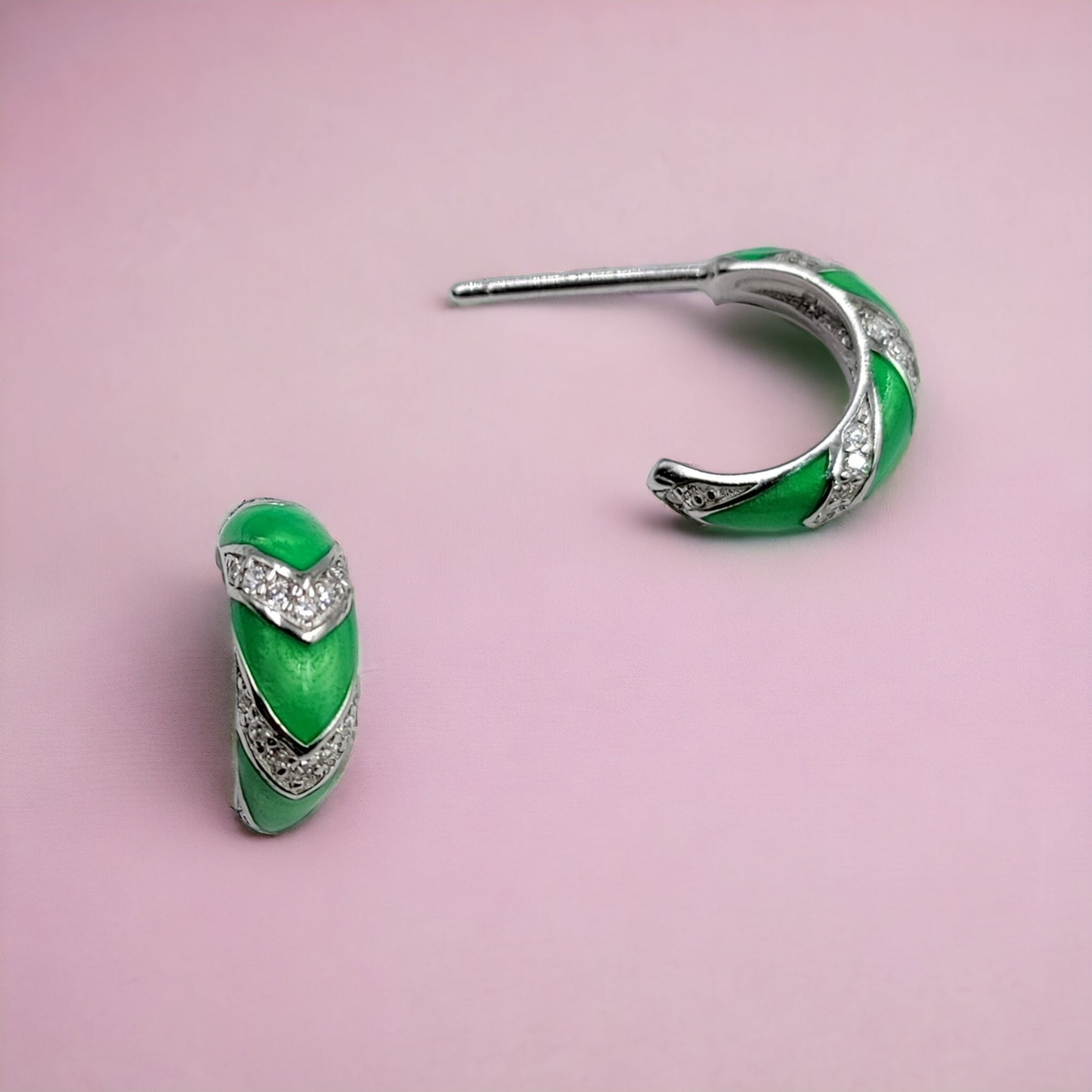 Quirky Enamel Hoops Strips CZ Chunky Bold Hoop Mini Art Deco Earrings 13x4 mm