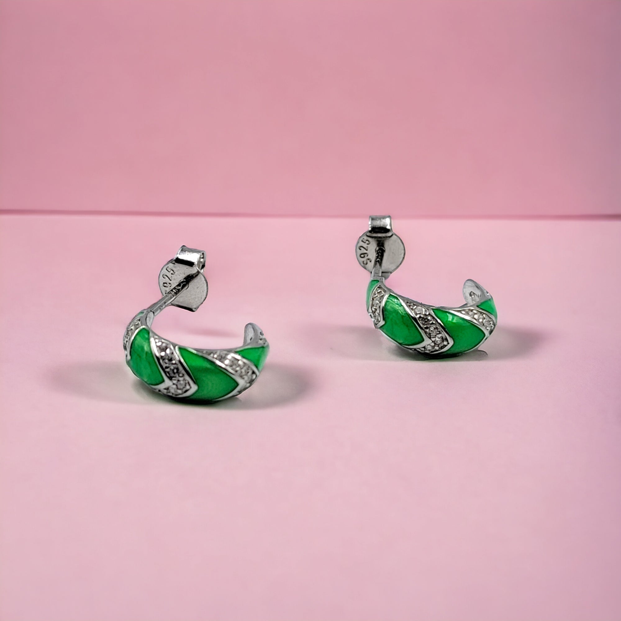 Quirky Enamel Hoops Strips CZ Chunky Bold Hoop Mini Art Deco Earrings 13x4 mm