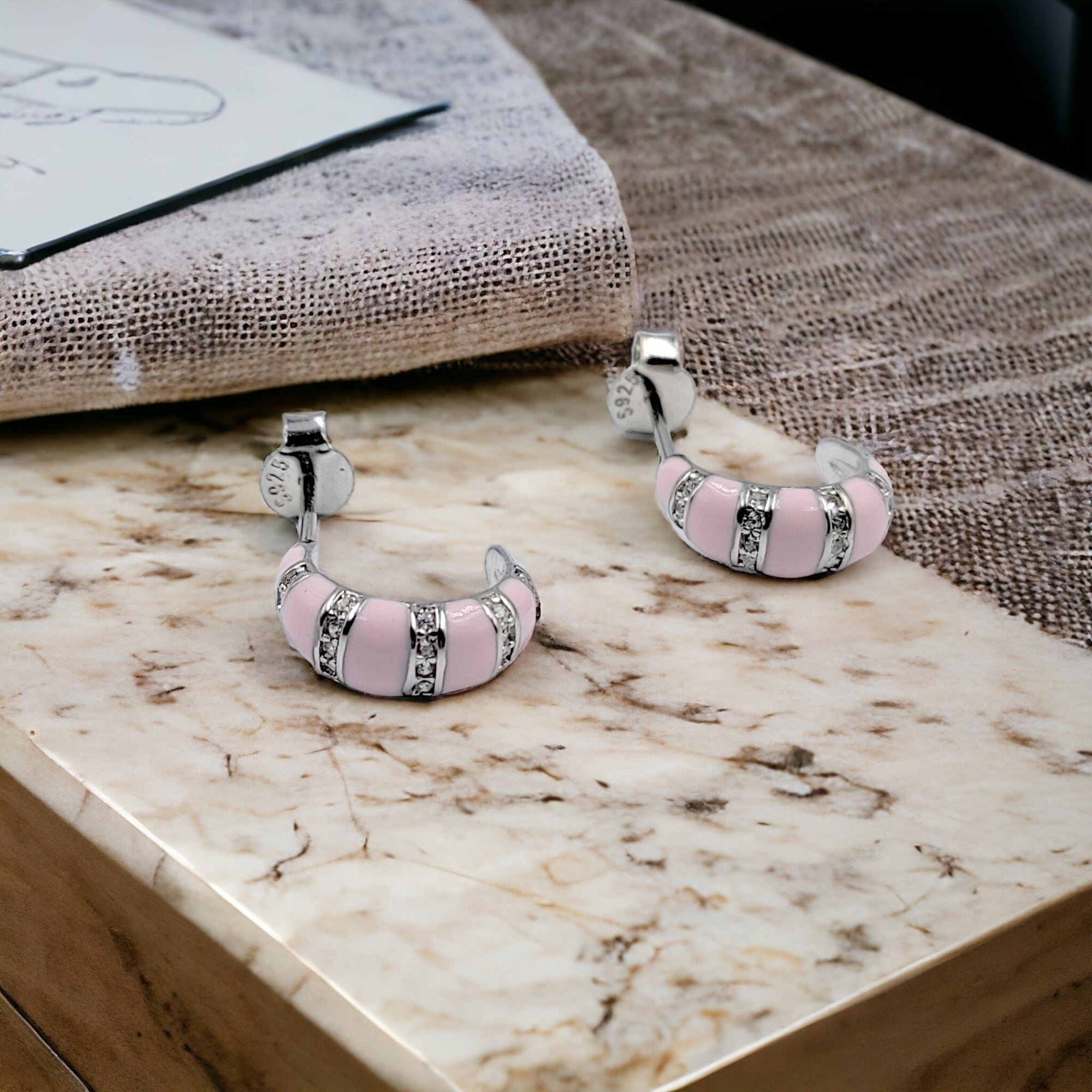 Quirky Enamel Hoops Strips CZ Chunky Bold Hoop Earrings Minimalist Handmade Gift For Women-13x4 mm