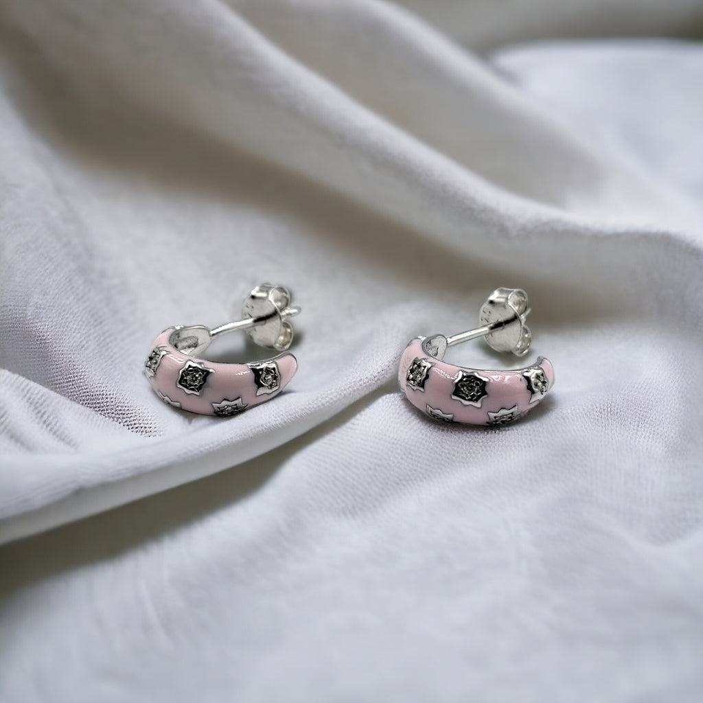 Thick Enamel Hoops Celestial Star CZ Chunky Bold Hoop Mini Art Deco Earrings 13x4 mm