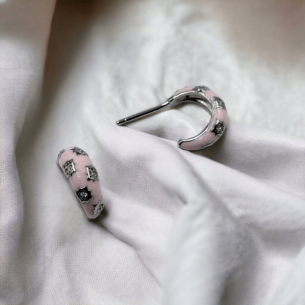 Thick Enamel Hoops Celestial Star CZ Chunky Bold Hoop Mini Art Deco Earrings 13x4 mm