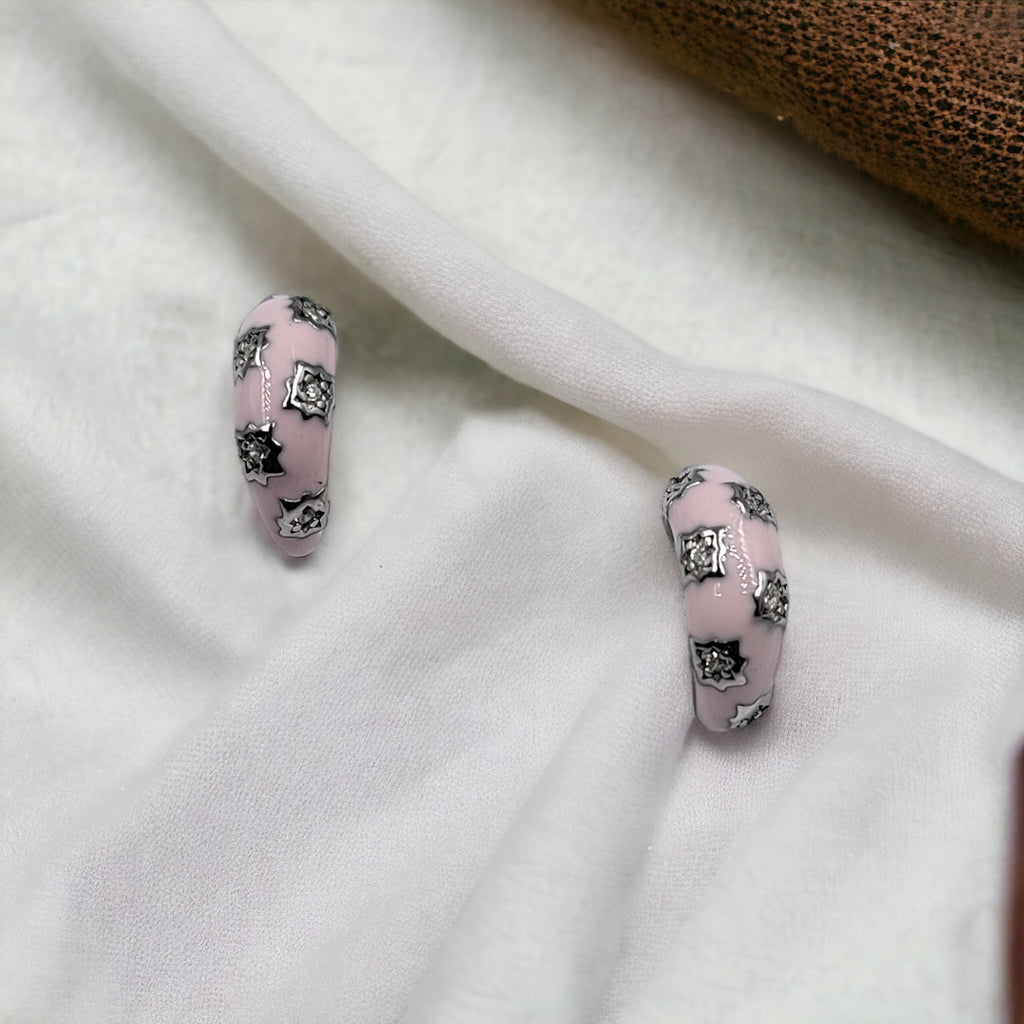 Thick Enamel Hoops Celestial Star CZ Chunky Bold Hoop Mini Art Deco Earrings 13x4 mm