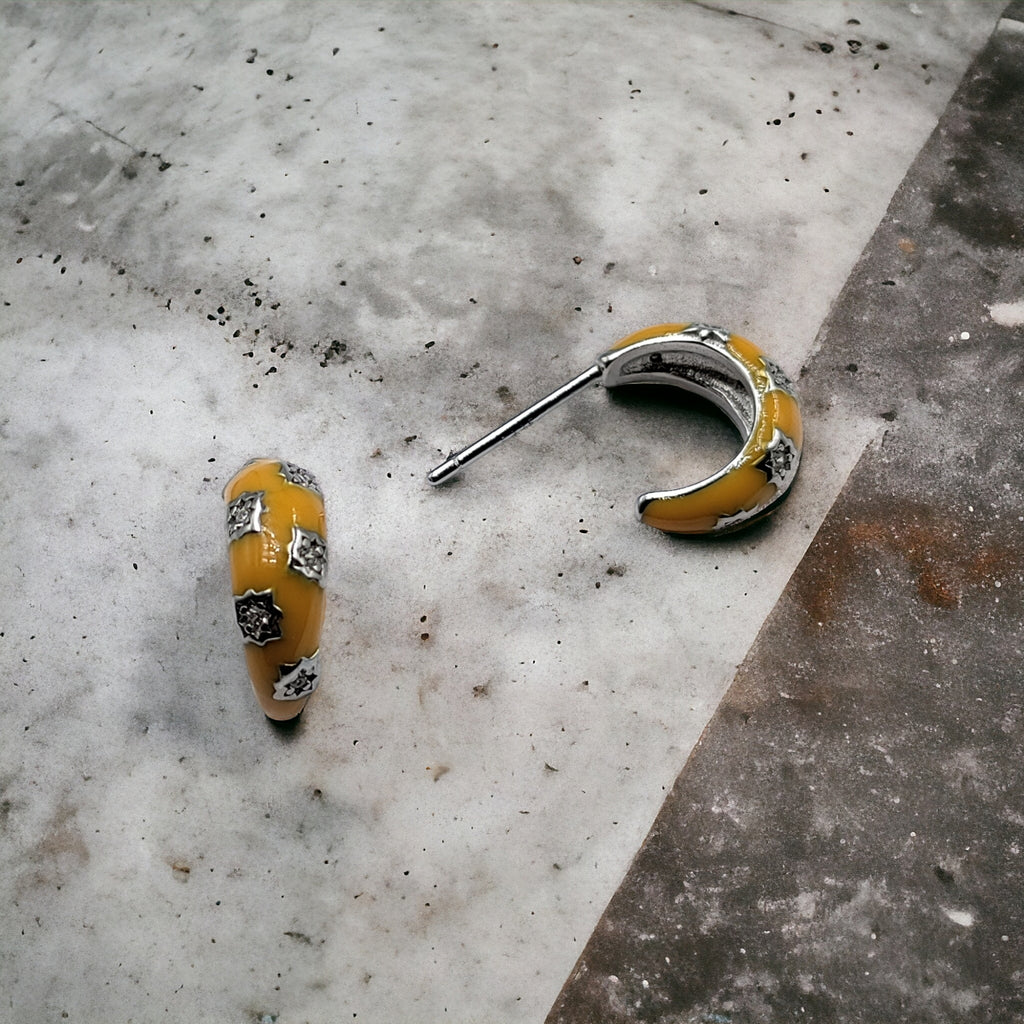 Thick Enamel Hoops Celestial Star CZ Chunky Bold Hoop Mini Art Deco Earrings 13x4 mm