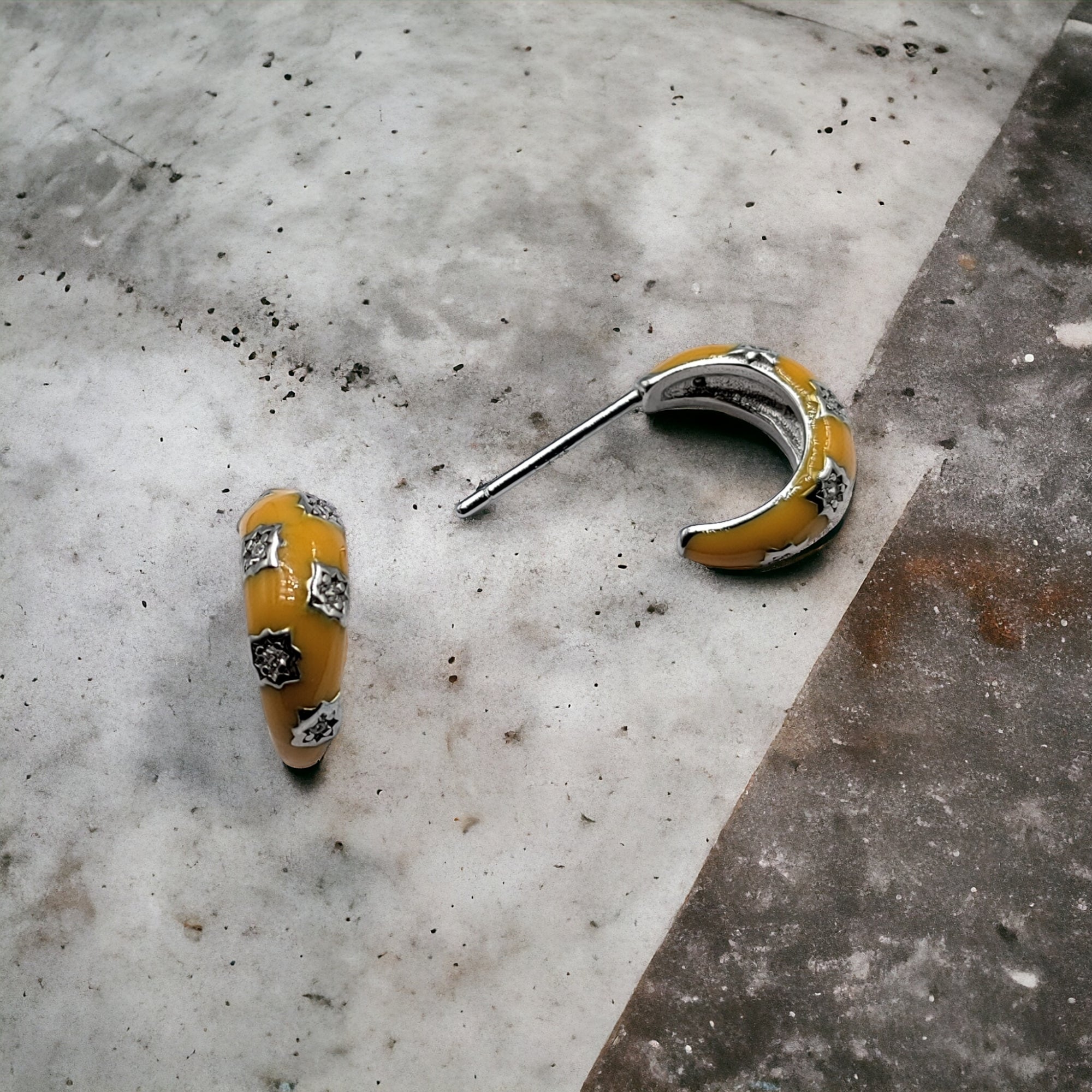 Thick Enamel Hoops Celestial Star CZ Chunky Bold Hoop Mini Art Deco Earrings 13x4 mm