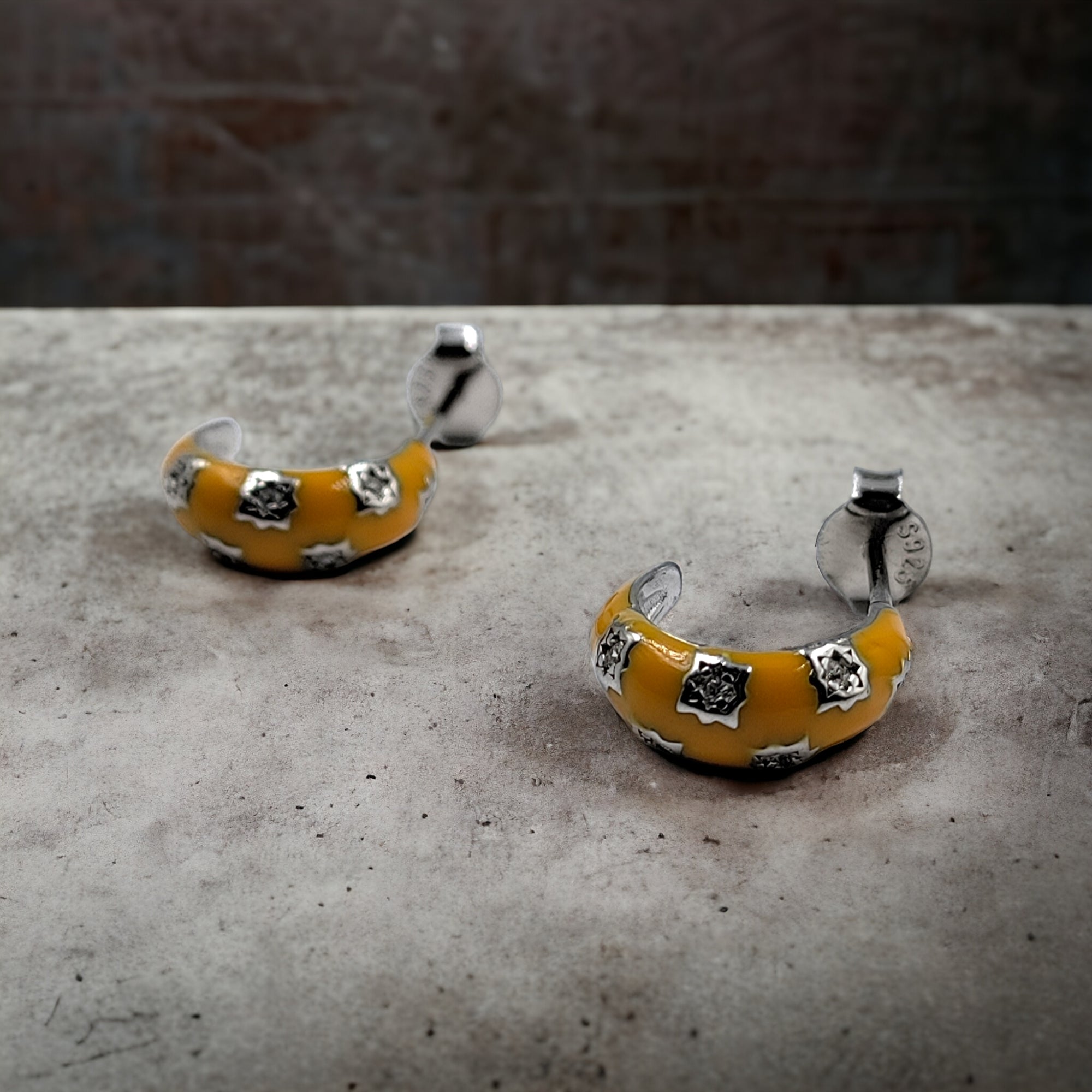 Thick Enamel Hoops Celestial Star CZ Chunky Bold Hoop Mini Art Deco Earrings 13x4 mm