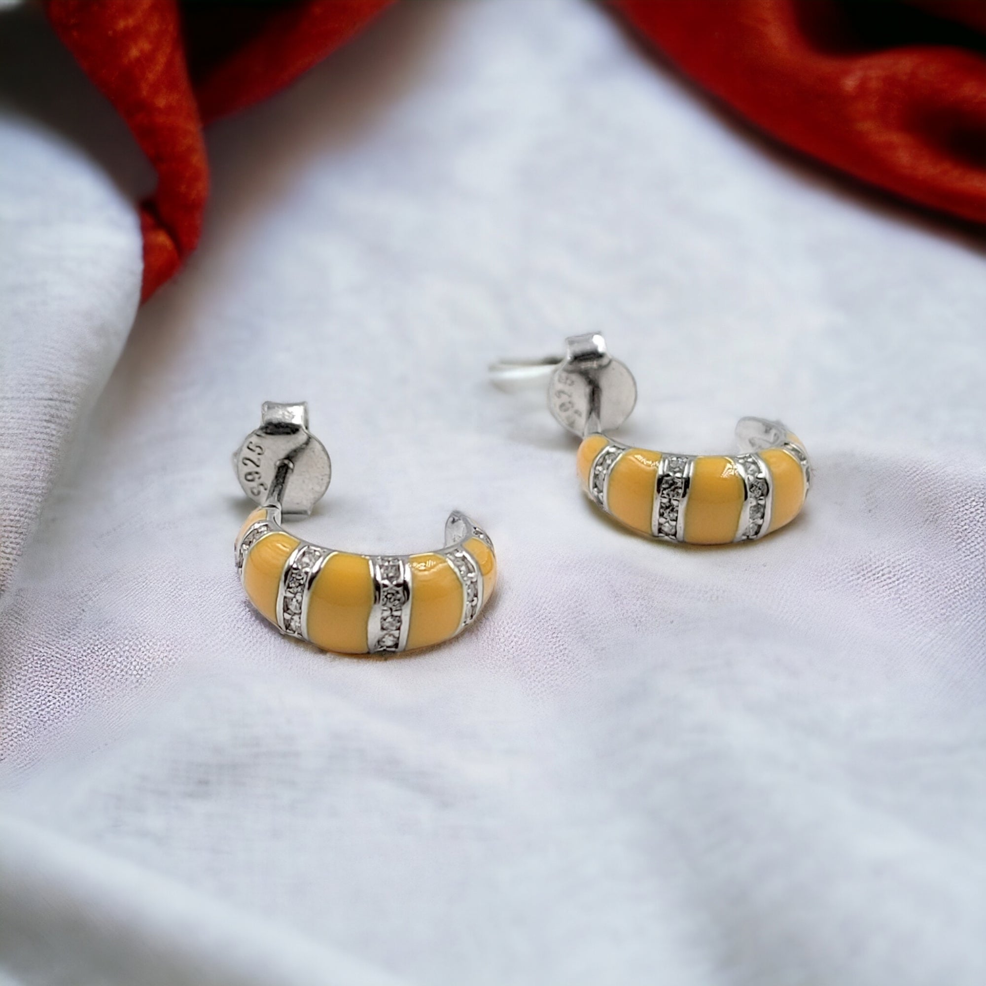 Quirky Enamel Hoops Strips CZ Chunky Bold Hoop Earrings Minimalist Handmade Gift For Women-13x4 mm