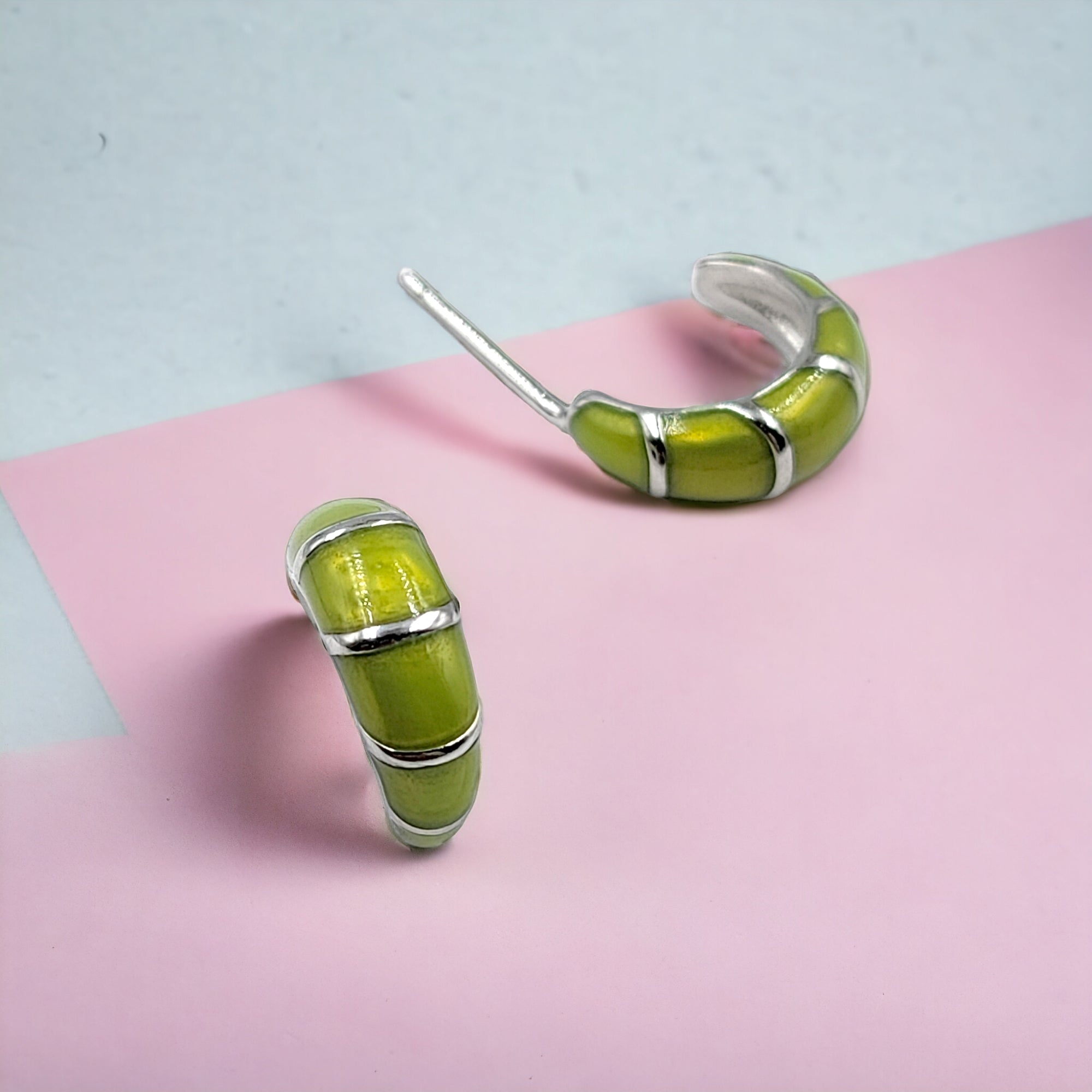 Pretty Enamel Hoops Strips CZ Chunky Bold Hoop Everyday Wear Earring  13x4 mm