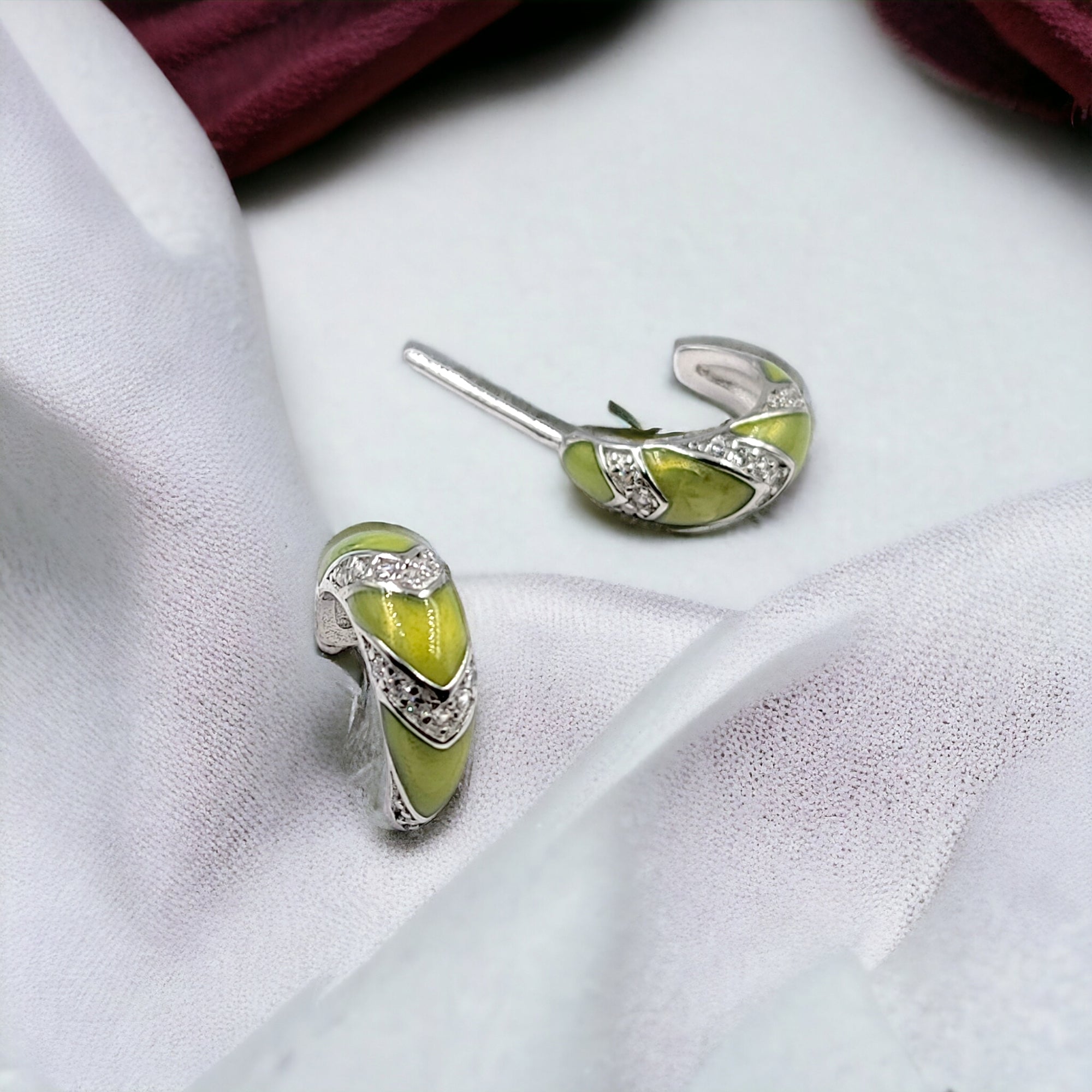 Quirky Enamel Hoops Strips CZ Chunky Bold Hoop Mini Art Deco Earrings 13x4 mm