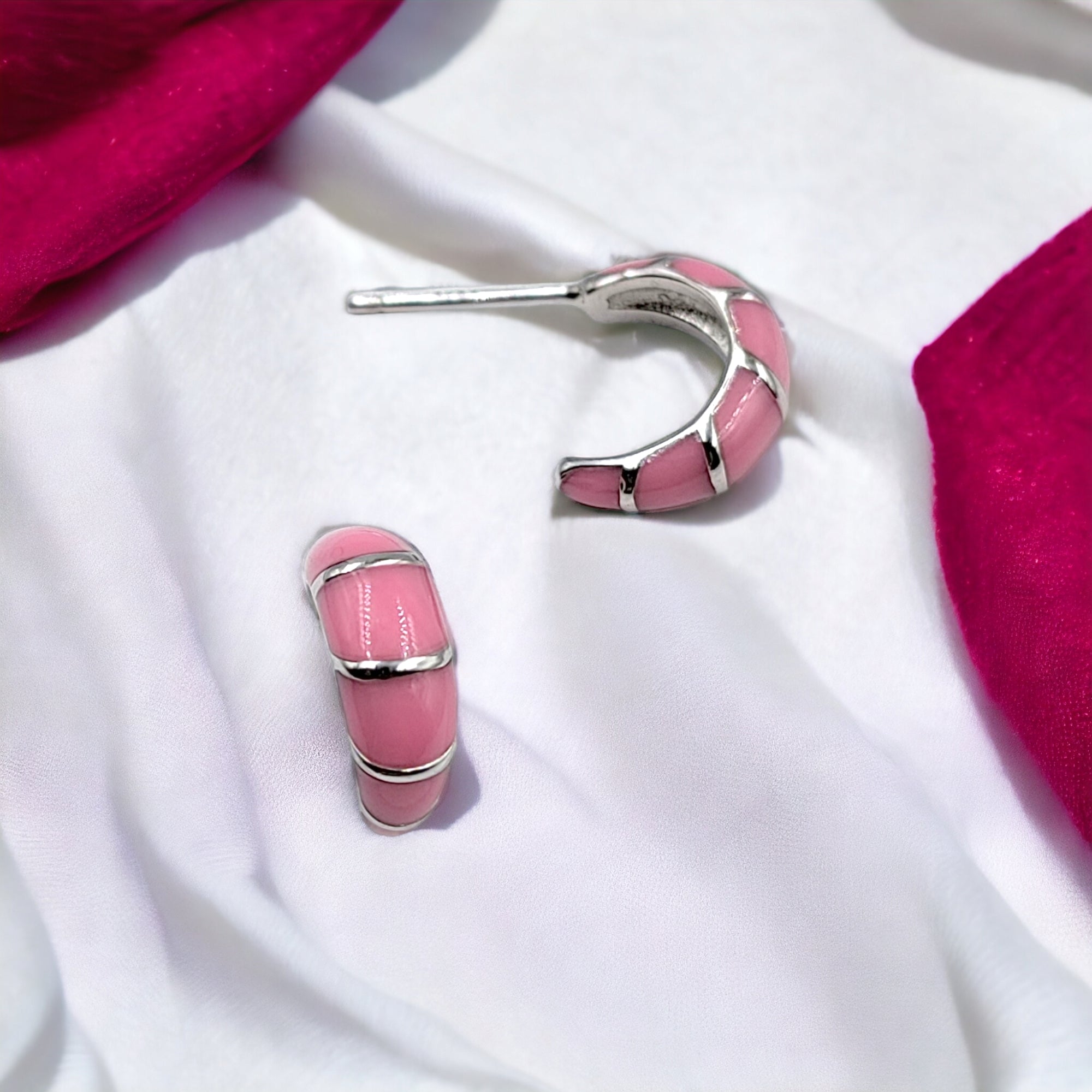 Pretty Enamel Hoops Strips CZ Chunky Bold Hoop Everyday Wear Earring  13x4 mm