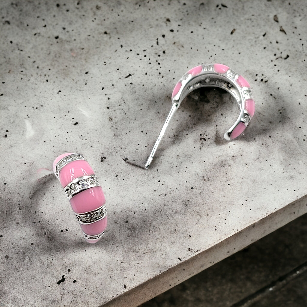 Quirky Enamel Hoops Strips CZ Chunky Bold Hoop Earrings Minimalist Handmade Gift For Women-13x4 mm